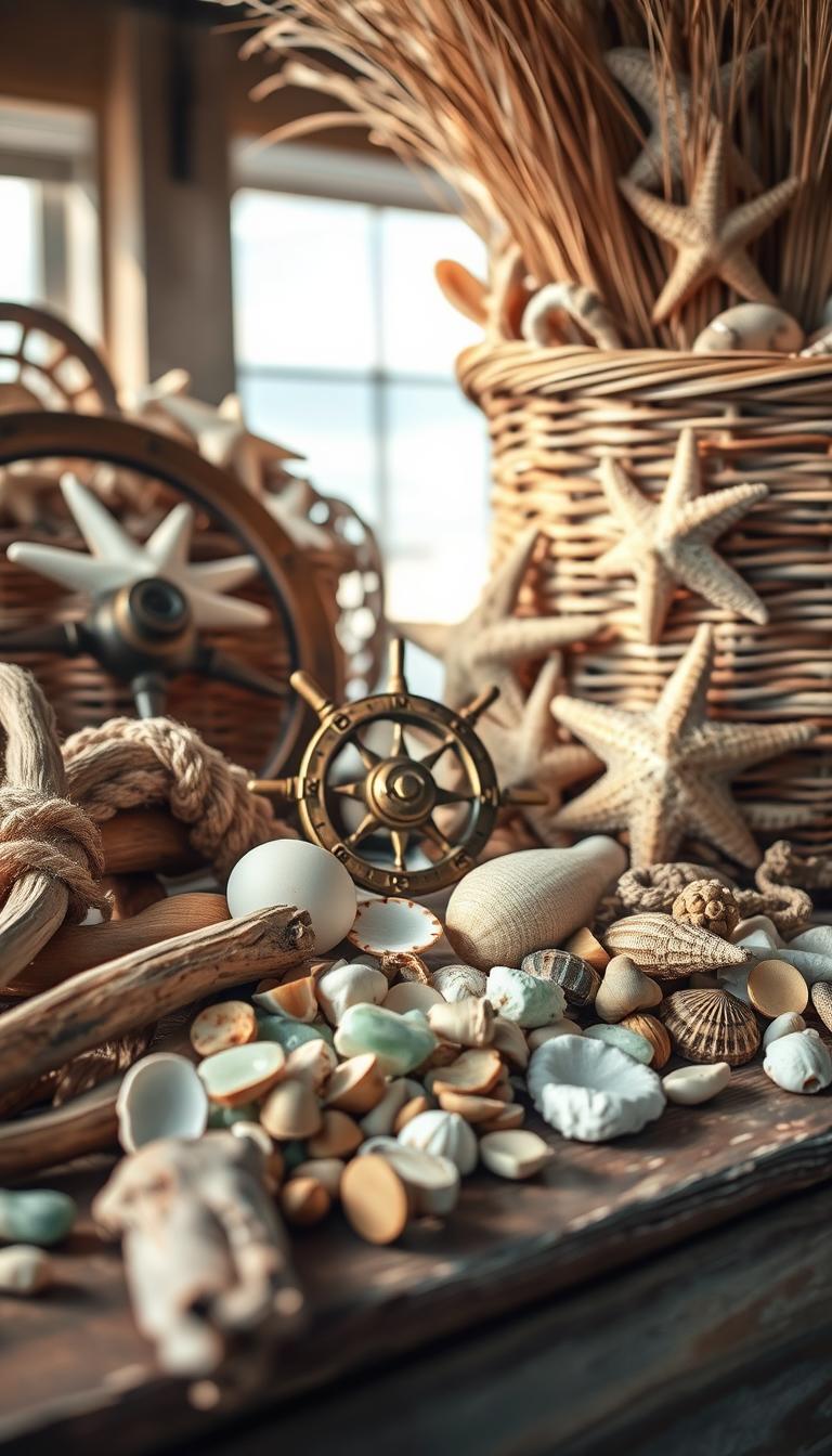 A coastal still life arrangement featuring an assortment of natural nautical materials arranged on a wooden surface. In the foreground, driftwood, shells, sea glass, and pieces of weathered rope are carefully positioned. In the middle ground, a tarnished brass compass and an antique ship's wheel add subtle nautical accents. The background showcases a large woven seagrass basket overflowing with dried starfish and sand dollars. Soft, diffused natural lighting filters in, creating a tranquil, beachy ambiance. The overall composition evokes a sense of seaside tranquility and rustic charm.