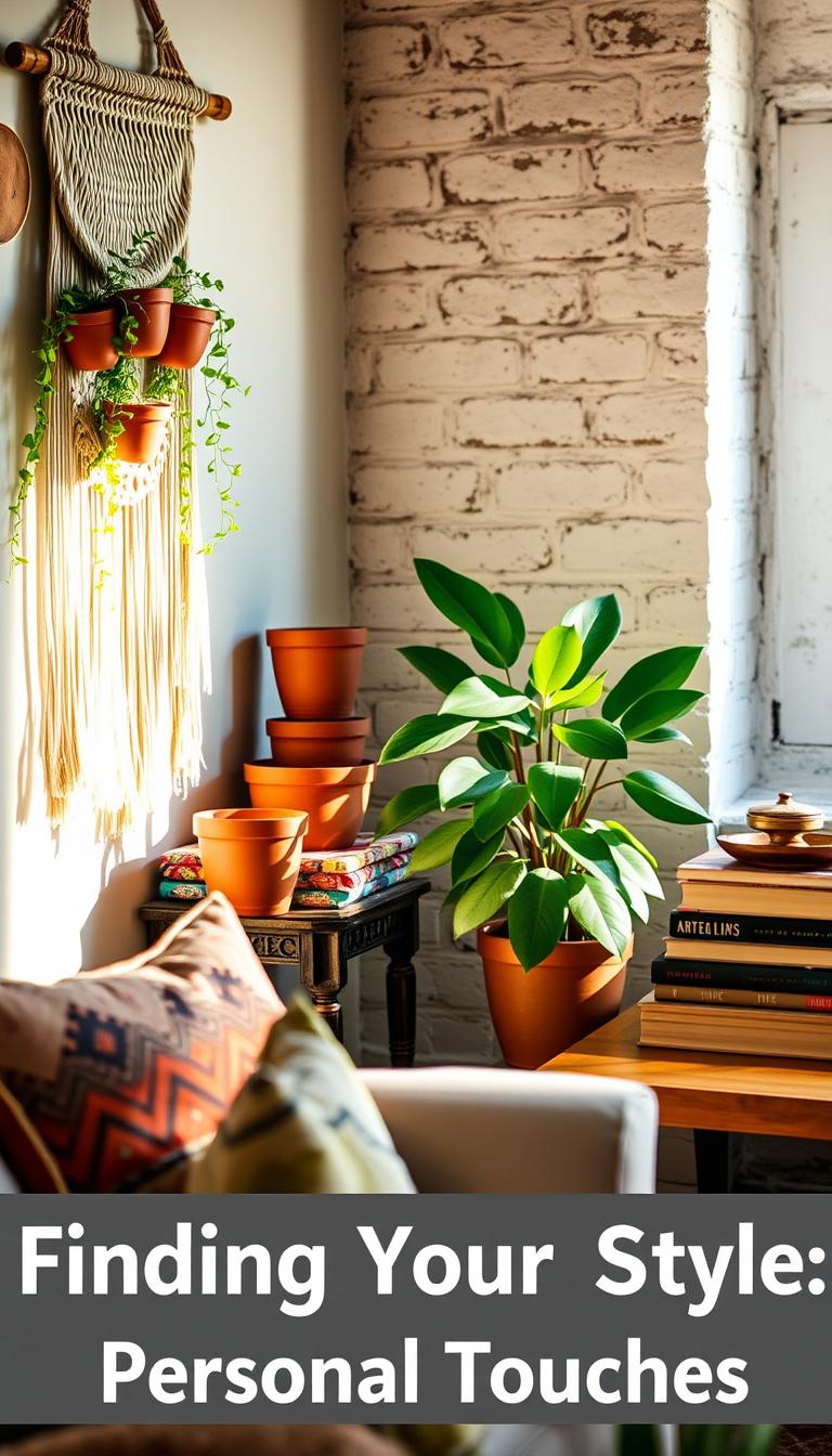 A cozy and inviting boho-inspired room, bathed in warm, natural lighting. The foreground features a collection of global-inspired decor elements - a woven macrame wall hanging, a set of terracotta pots with trailing greenery, and a stack of colorful, patterned throw pillows. In the middle ground, a wooden side table holds a brass incense burner, a stack of vintage books, and a lush potted plant. The background showcases a textured, whitewashed brick wall, adding depth and character to the scene. The overall atmosphere is one of relaxation and personal expression, reflecting the "Finding Your Boho Style: Personal Touches" theme.