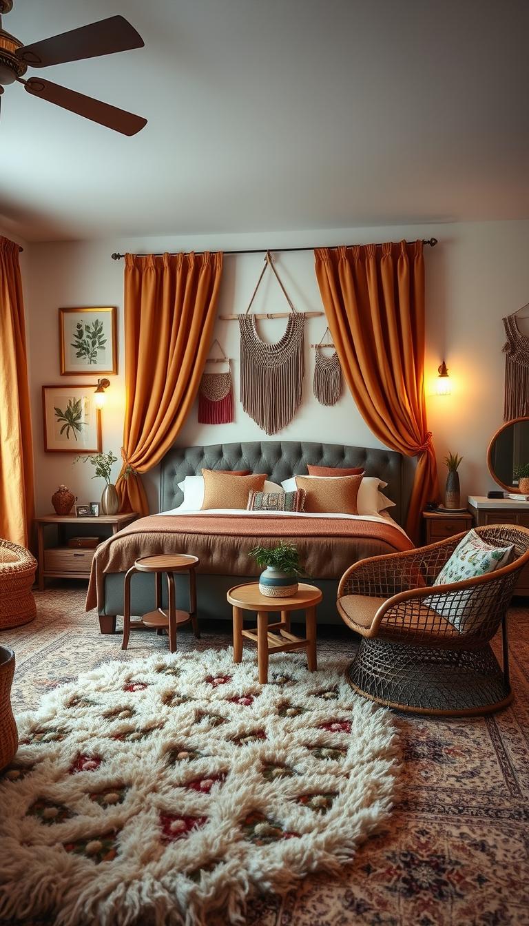 A cozy and inviting vintage boho bedroom decor, featuring a plush, tufted velvet bed with lush, flowing draperies in warm earth tones. The walls are adorned with a mix of framed botanical prints, macrame wall hangings, and vintage-inspired sconces casting a soft, ambient glow. In the foreground, a plush, patterned area rug anchors the space, surrounded by an eclectic assortment of rattan and wooden furnishings, including a mid-century side table, a woven armchair, and a vintage vanity. The overall atmosphere is one of relaxed elegance, with touches of global-inspired textiles and natural materials creating a cozy, calming oasis.
