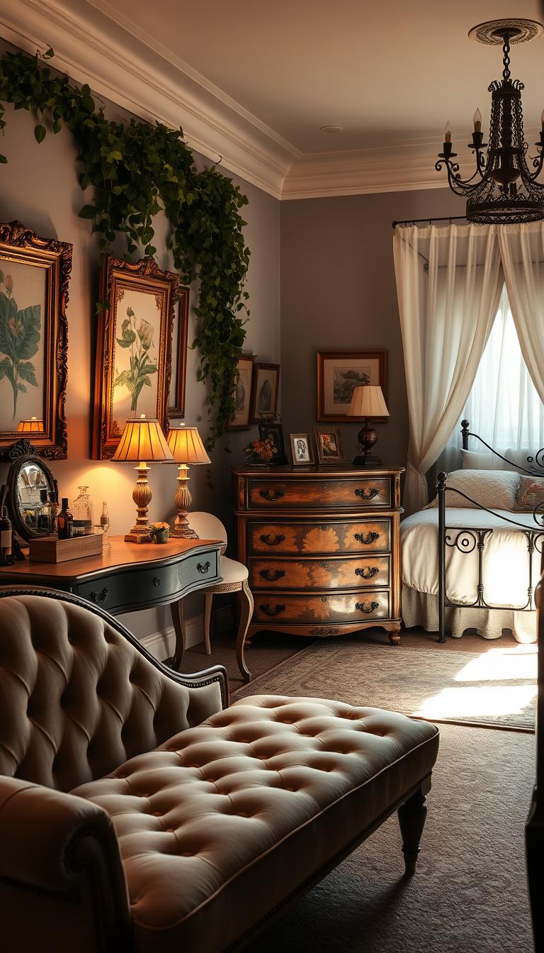 A cozy and inviting vintage-inspired bedroom, bathed in soft, warm lighting. In the foreground, a plush velvet chaise lounge with elegant tufted details sits adjacent to a delicate vanity table adorned with antique glass bottles and a hand-held mirror. On the walls, ornate gilded frames house vintage-style botanical prints, complemented by lush, trailing ivy. In the middle ground, a sturdy, distressed wood dresser with intricate hardware serves as the focal point, flanked by a pair of bedside tables with turned legs and ornate lamps. The background features a wrought-iron canopy bed draped in delicate sheer curtains, creating a cocooning, romantic atmosphere.