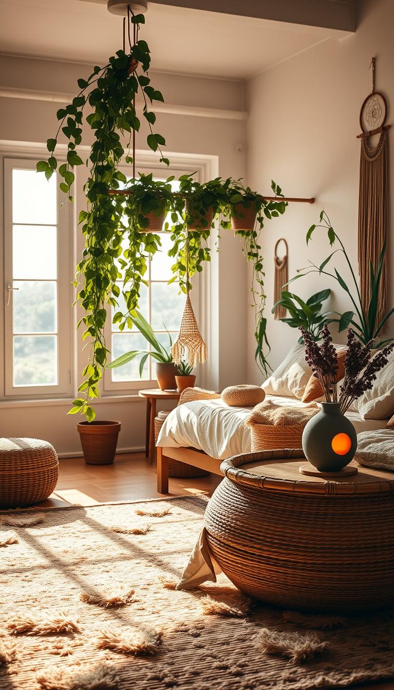 A cozy boho bedroom oasis, drenched in warm natural light. In the foreground, a plush, earthy-toned area rug anchors the space, complemented by a low-profile, rattan bed frame. Cascading from the bed's headboard, lush, trailing vines and potted plants create a lush, verdant canopy. The middle ground features a rustic, wooden side table topped with a woven basket, dried flowers, and a stone oil diffuser, casting a soft, ambient glow. In the background, a large window allows ample natural illumination to flood the room, revealing whitewashed walls adorned with macrame wall hangings and a dreamcatcher. The overall atmosphere exudes a cozy, grounding, and tranquil vibe.