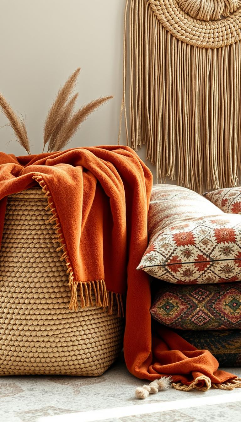 A cozy, inviting boho-inspired texture arrangement. A lush, velvety throw blanket in muted terracotta draped over a nubby, earth-toned woven basket. Beside it, a stack of plush, patterned pillows in a mix of geometric and organic motifs, their saturated hues creating visual interest. In the background, a tactile, woven wall hanging in natural fibers cascades down, adding warmth and depth. Soft, diffused natural light filters in, creating a harmonious, tranquil atmosphere. The overall scene evokes a sense of relaxation and comfort, perfect for a cozy boho-style bedroom oasis.