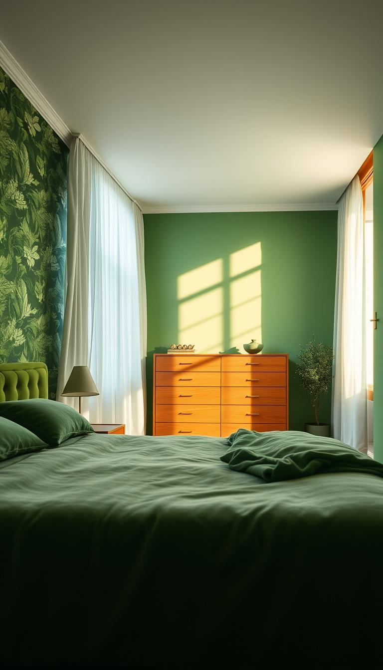 A cozy, serene green bedroom with lush foliage-inspired wallpaper, a plush velvet upholstered bed, and soft, diffused natural lighting filtering through sheer curtains. A large, minimalist wooden dresser sits against the far wall, casting warm, golden reflections. The room exudes a calming, restorative atmosphere, encouraging mindfulness and relaxation. Low-angle shot, capturing the peaceful, harmonious interplay of textures, tones, and natural elements, conveying the soothing psychological benefits of integrating green hues into the bedroom environment.