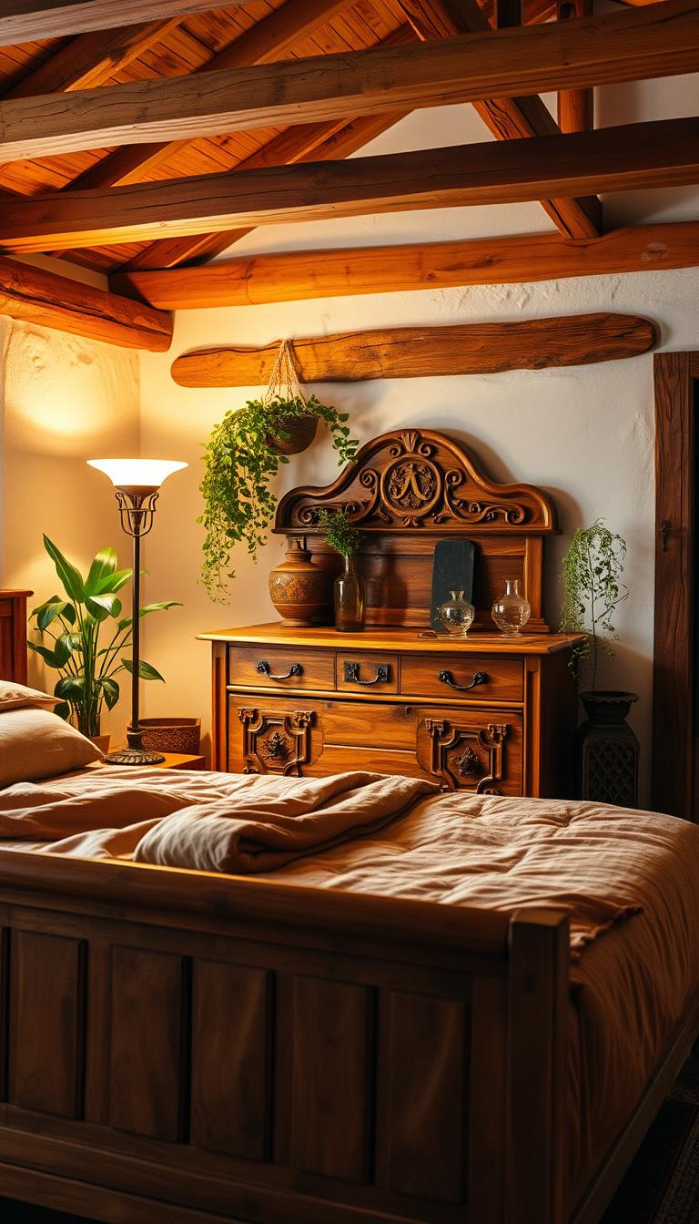 A cozy, well-lit bedroom showcasing warm wood tones throughout. In the foreground, a rustic wooden bedframe with plush, earthy-toned bedding. Soft, ambient lighting from a vintage-inspired floor lamp casts a gentle glow. In the middle ground, a large, wooden dresser with intricate carved details, complemented by antique glass vases and lush, trailing plants. The background features exposed wooden beams and whitewashed walls, creating a harmonious, vintage-inspired atmosphere. The overall scene exudes a sense of comfort, relaxation, and a touch of bohemian charm.