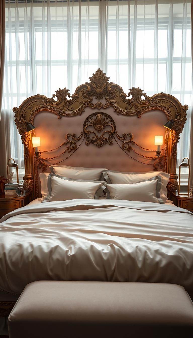 A lavish bedroom setting, showcasing a plush, ornately decorated king-size bed draped in exquisite, satin-like bedding in a soft, neutral palette. The bed is flanked by elegant, brushed brass nightstands with matching table lamps, emitting a warm, ambient glow. In the background, a large window with sheer, flowing curtains filters in natural light, creating a serene and inviting atmosphere. The overall scene exudes an air of refined luxury and tranquility, perfectly capturing the essence of a coquette-inspired dream space.