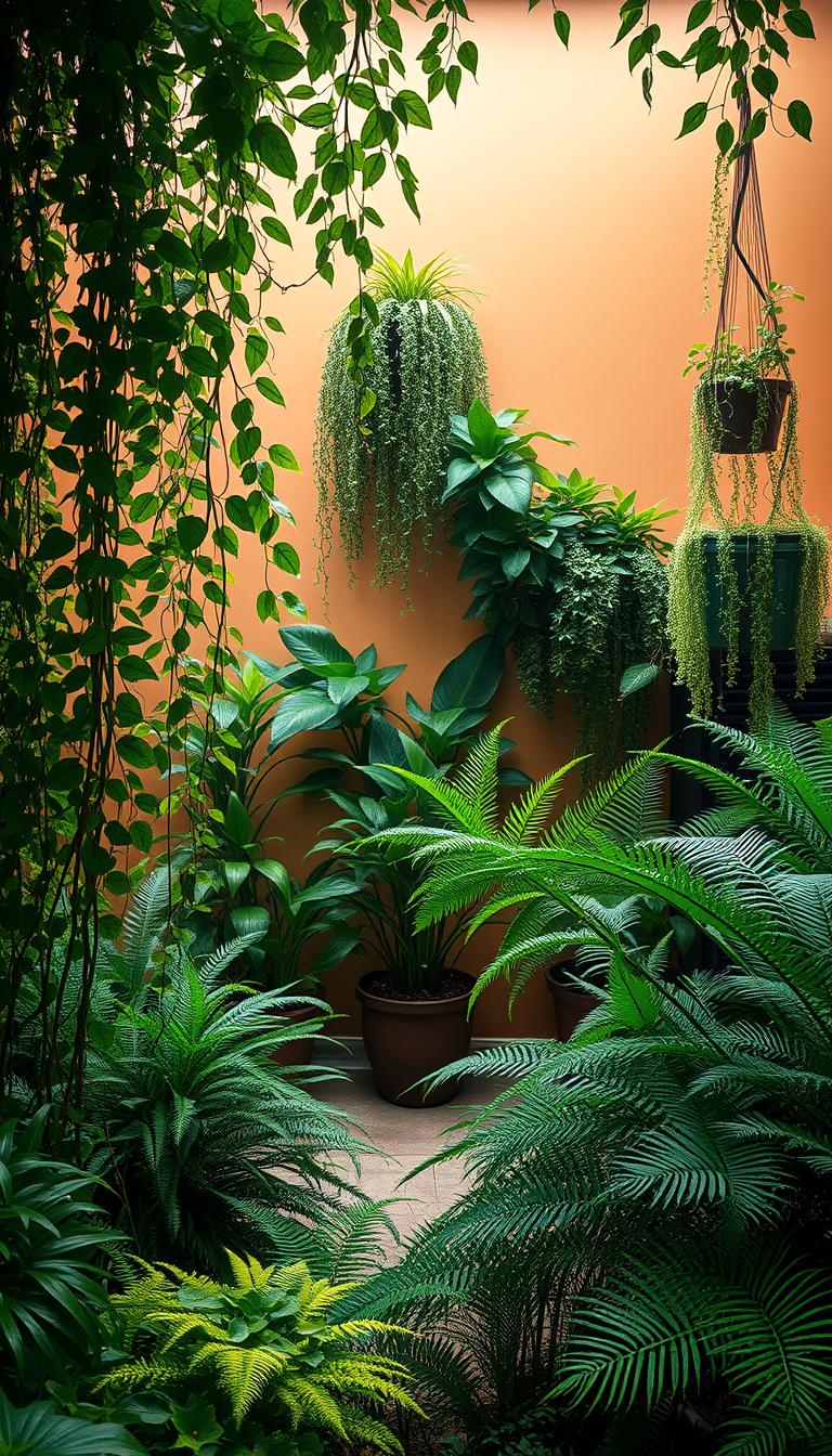 A lush, verdant oasis fills the frame, with a striking array of vibrant foliage in the foreground. Cascading vines and dense ferns create a captivating tapestry, their leaves gently swaying in the soft, diffused light. In the middle ground, a selection of potted plants, including tall, flourishing floor plants and delicate hanging greenery, add depth and texture to the scene. The background showcases a warm, earthy-toned wall, accentuating the natural feel and creating a cozy, inviting atmosphere. The lighting is soft and natural, casting a gentle glow that enhances the rich, vibrant tones of the greenery. This photorealistic image, captured with a wide-angle lens, conveys a sense of lush, enveloping tranquility, perfectly complementing the "Incorporating Natural Elements & Lush Greenery" section of the article.