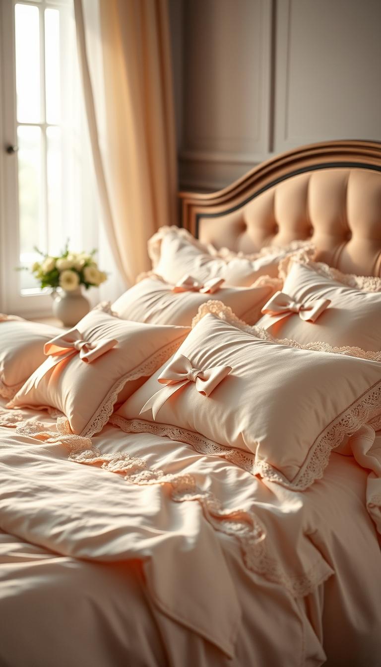 A luxurious coquette bedding set in soft pastel hues, adorned with delicate lace trimmings and satin bows. The bedding is arranged on a wooden bed frame, with a plush, tufted headboard providing a focal point. Soft, diffused lighting from a nearby window casts a warm, romantic glow over the scene, highlighting the intricate details of the fabric. The angle captures the bedding in a way that showcases its elegant, feminine appeal, perfectly complementing the &quot;Achieving a Perfect Coquette Bedroom Look&quot; section of the article.