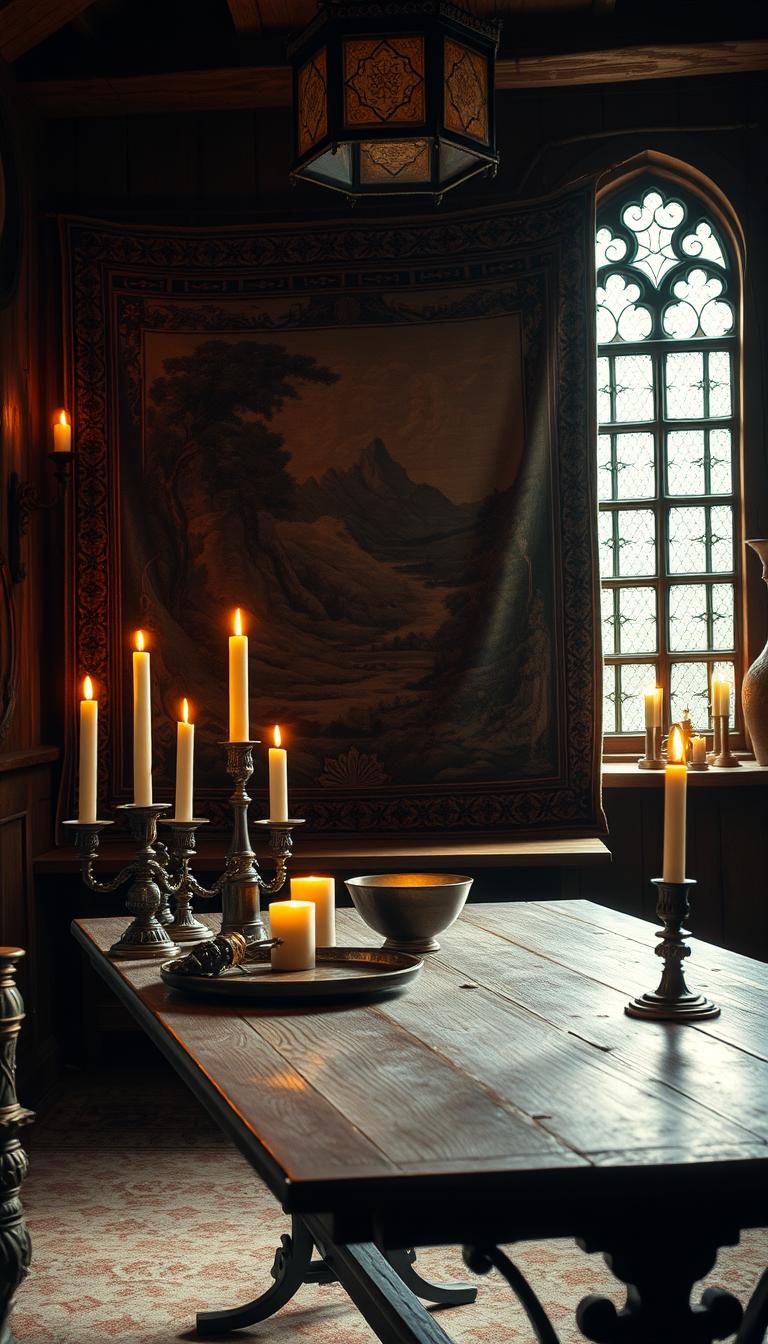 A medieval-inspired interior with a warm, cozy atmosphere. In the foreground, a wooden table with ornate metalwork details, holding an assortment of candles, a small bowl, and a decorative vase. On the wall behind, a large tapestry depicting a classic fantasy landscape, its intricate patterns and colors creating a sense of depth. The room is illuminated by a combination of natural light filtering through a leaded glass window and the soft glow of flickering candles. The overall mood is one of rustic elegance, transporting the viewer to a time of enchantment and handcrafted charm.