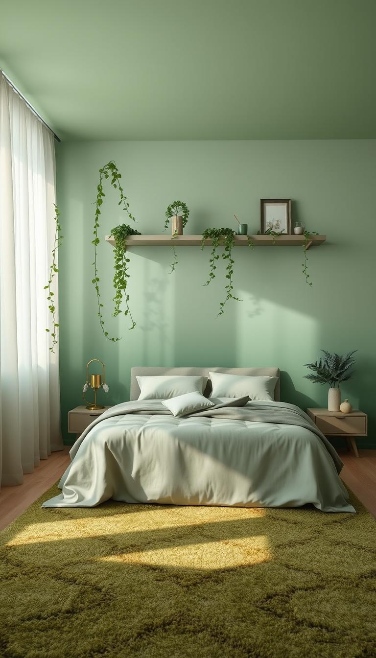A serene and inviting bedroom interior, bathed in soft, layered green tones. The walls feature a verdant gradient, transitioning from a deep forest hue at the base to a lighter, more muted sage towards the ceiling. A plush, textured area rug in a complementary olive green anchors the space, its intricate patterns adding visual depth. Delicate, trailing vines cascade from floating shelves, their lush, emerald leaves casting gentle shadows across the neutral-toned bedding. Soft, diffused lighting filters through sheer curtains, creating a tranquil, spa-like ambiance. Subtle metallic accents, such as a brass lamp or picture frames, add a touch of elegance, while the overall composition exudes a harmonious, serene atmosphere.
