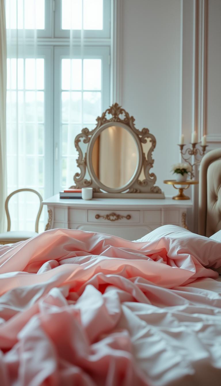 A serene and romantic bedroom setting with a soft, muted color palette. The foreground features delicate, flowing fabrics in pastel shades of pink, lavender, and dusty blue, draped elegantly over a plush, tufted headboard. The middle ground showcases an ornate vanity with a vintage-inspired mirror and subtle brass accents, casting a warm, ambient glow. In the background, a large window allows natural light to filter in, creating a tranquil, airy atmosphere. The overall scene evokes a sense of comforting coziness and dreamy, feminine charm. Photorealistic, high-definition image.