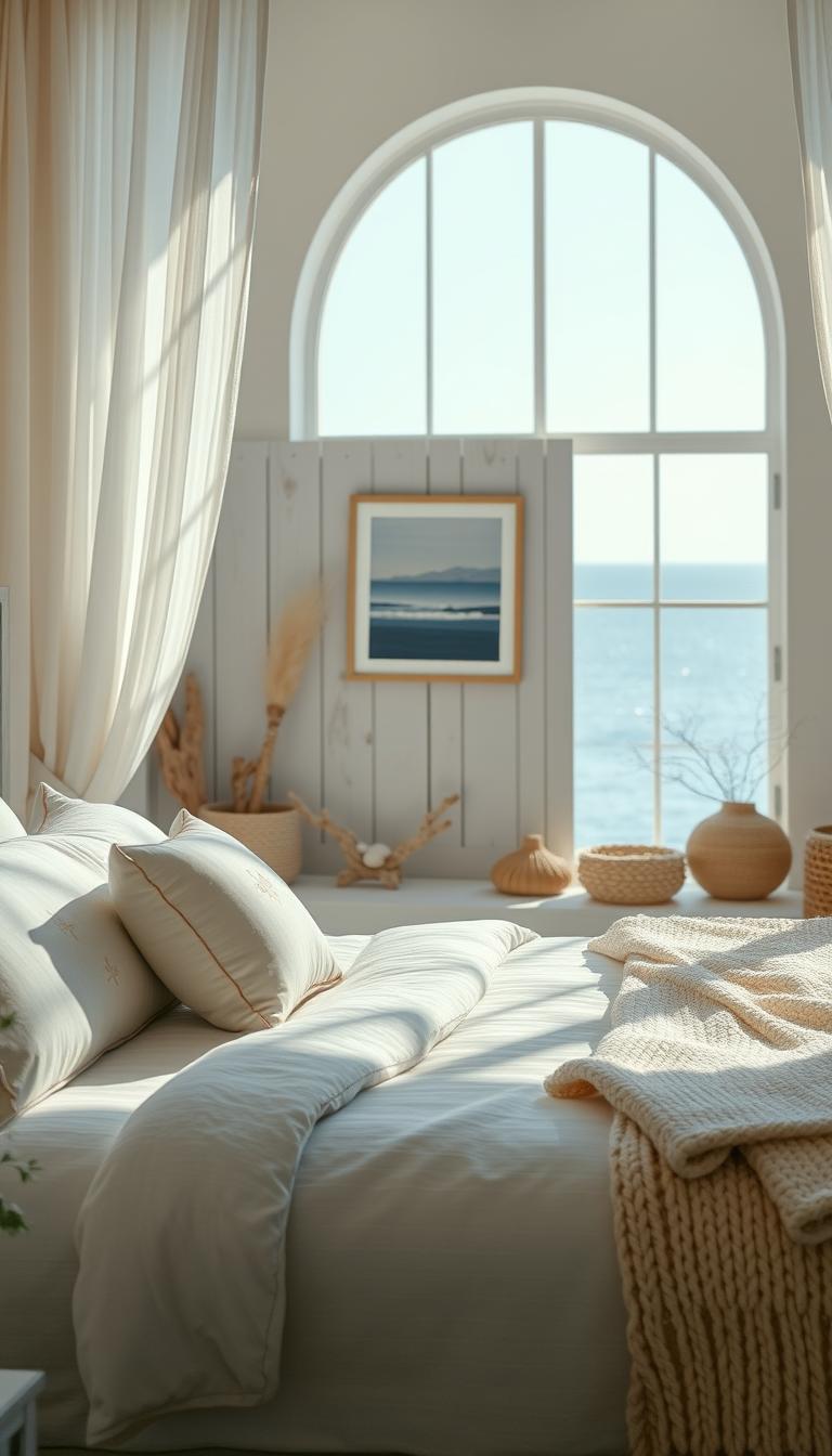 A serene coastal bedroom interior with soft, natural light filtering through sheer curtains. In the foreground, a plush, linen-upholstered bed with delicate, embroidered pillows and a cozy, knitted throw. Tasteful coastal decor accents like driftwood, seashells, and woven baskets adorn the space. The middle ground features a weathered, wood-paneled accent wall with a minimalist, framed seascape artwork. In the background, a large, arched window offers a picturesque view of a tranquil, sun-dappled ocean horizon. The overall atmosphere is one of relaxed, airy sophistication that effortlessly blends coastal and contemporary design elements.