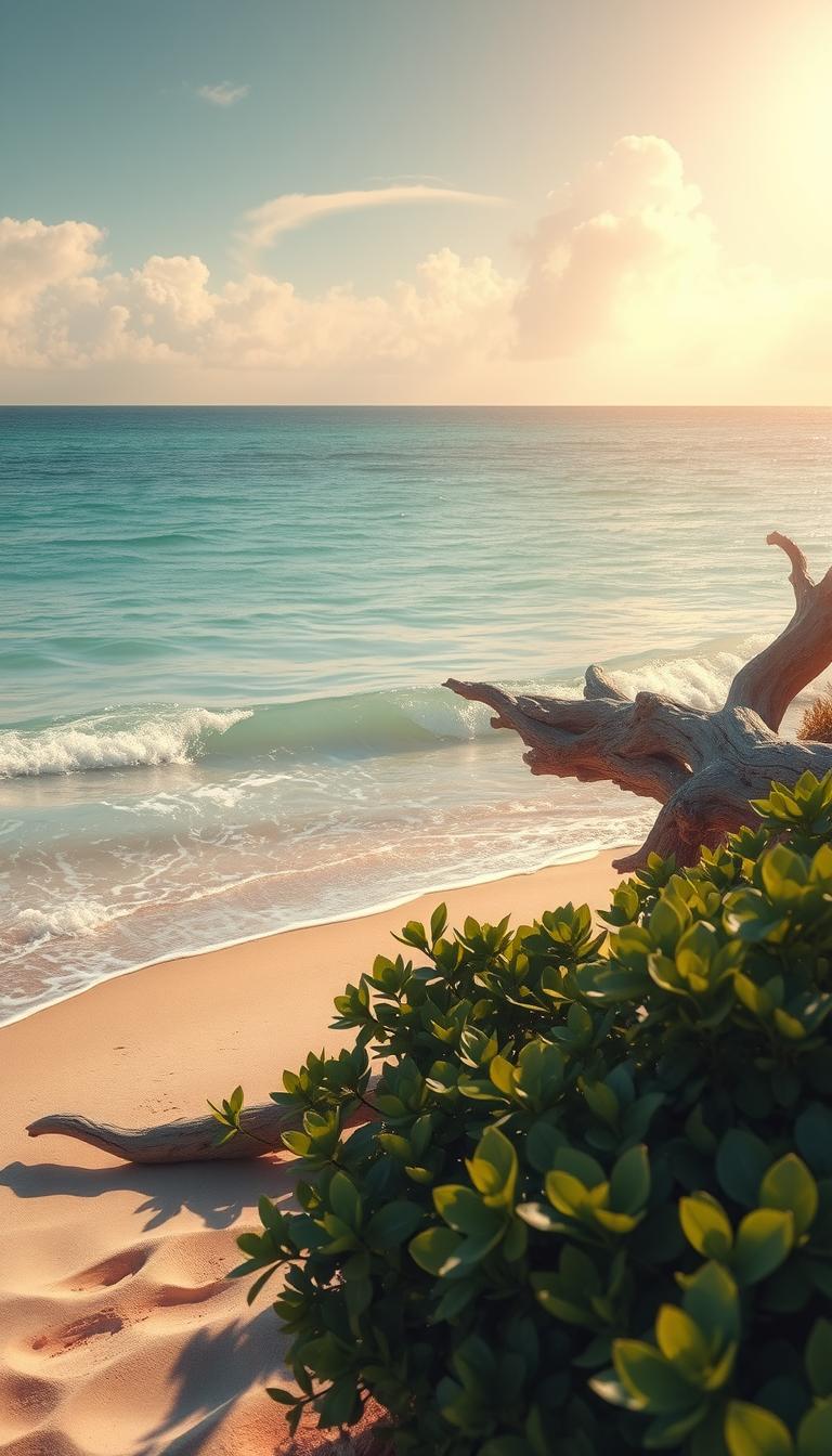 A serene coastal color palette in soft, sun-drenched hues. Tranquil azure waves gently lapping against sun-bleached driftwood and smooth sand, accented by lush, verdant foliage in the foreground. Warm, golden sunlight filters through wispy clouds, casting a natural, calming glow over the entire scene. Subtle textures and realistic details create a photorealistic, high-definition image that captures the essence of a soothing, beach-inspired atmosphere, perfect for a coastal-chic bedroom.