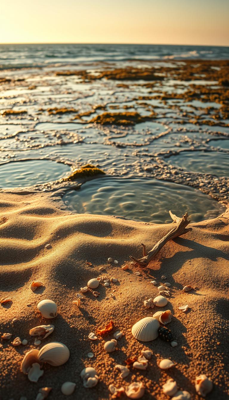 A serene coastal landscape, bathed in warm, golden sunlight. In the foreground, a gently undulating pattern of soft, sandy textures, punctuated by intricate seashell fragments and delicate driftwood. In the middle ground, a mesmerizing mix of tidal pools and rippling waves, their surfaces reflecting the vibrant blues and greens of the ocean. In the background, a distant horizon line, where the sky seamlessly blends with the water, creating a tranquil, almost painterly atmosphere. The scene is captured with a wide-angle lens, showcasing the expansive, cinematic nature of the coastal environment, inviting the viewer to step into this tranquil, sun-drenched world.