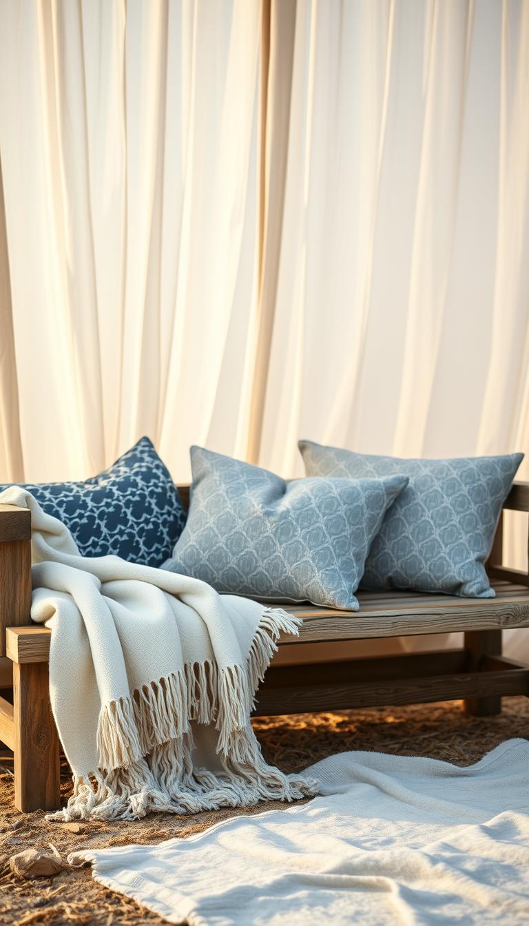 A serene coastal scene, with layers of soft, natural textiles draped across a rustic wooden bench. In the foreground, a plush, cream-colored throw cascades over the edge, its delicate fringe catching the gentle breeze. In the middle ground, a mix of patterned pillows in muted tones of blue and gray create a cozy, inviting arrangement. The background features a large, sheer curtain that billows gracefully, filtering the warm, golden sunlight and casting a calming glow over the scene. The entire composition is captured with a shallow depth of field, emphasizing the tactile quality of the textiles and the tranquil, atmospheric lighting.