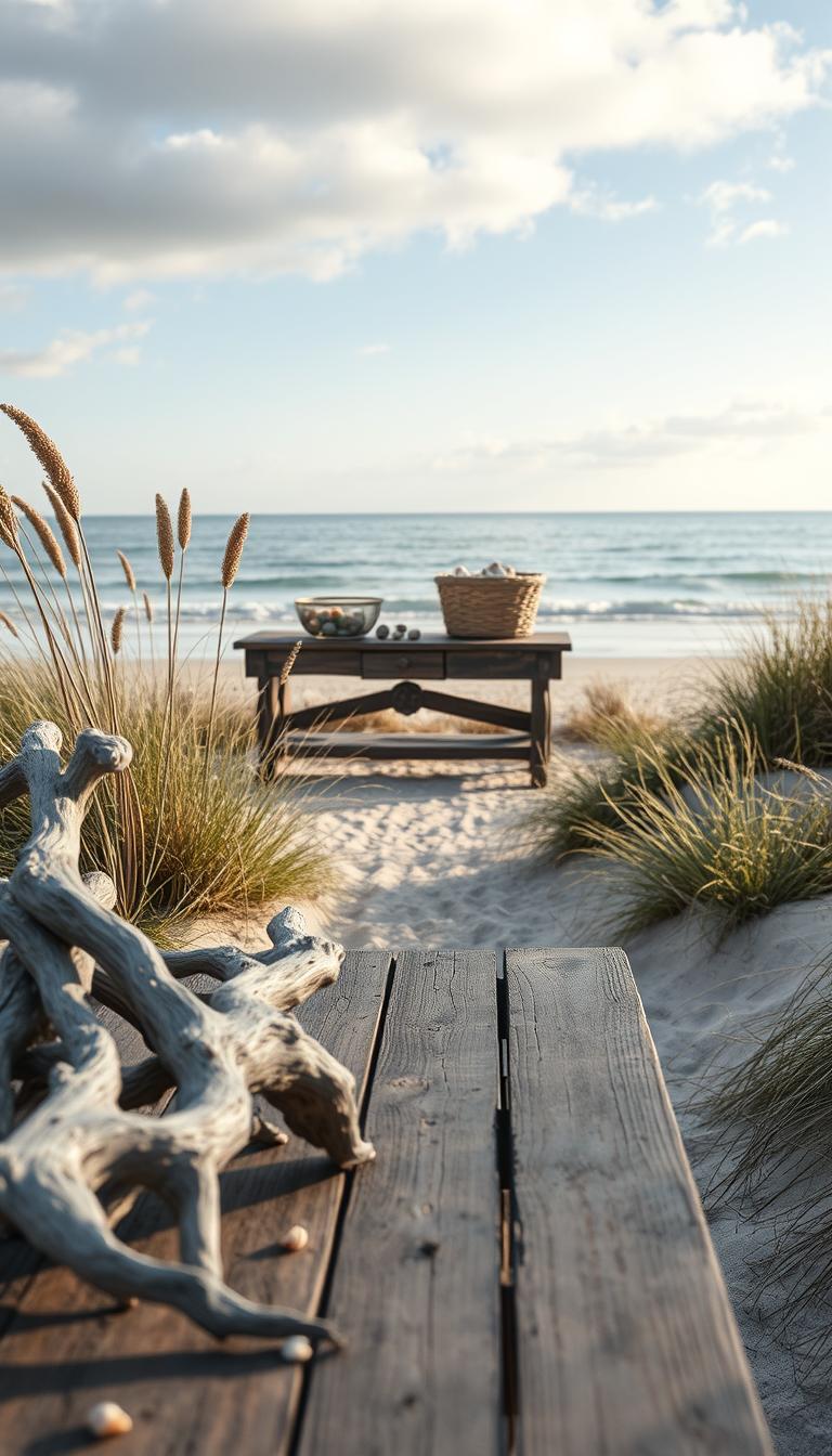 A serene coastal scene with soft, natural lighting filtering through wispy clouds. In the foreground, a driftwood sculpture casts intricate shadows on a weathered wooden bench. Swaying grasses and delicate seashells adorn the sandy path leading to the middle ground, where a pair of woven baskets filled with sea glass and driftwood fragments sit upon a rustic console table. In the background, the tranquil ocean laps at the shore, its gentle waves reflecting the warm, pastel hues of the horizon. Subtle textures and a muted color palette evoke a sense of relaxed, timeless elegance - the essence of coastal chic decor.
