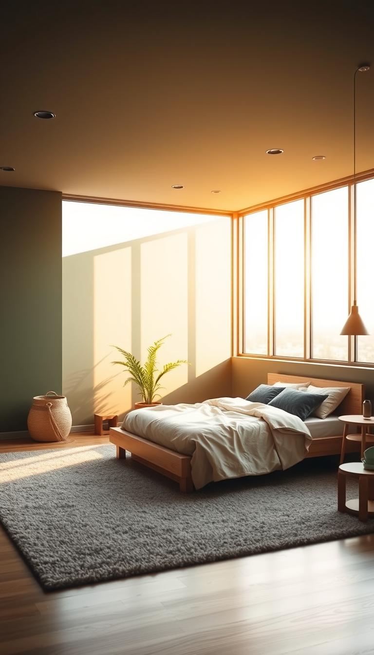 A serene, eco-friendly bedroom with a minimalist, Scandinavian-inspired design. A large, floor-to-ceiling window floods the space with natural light, casting a warm, golden glow. The walls are painted in a soothing, earthy green hue, complemented by a plush, grey area rug and a wooden, platform bed frame. Strategically placed, sustainable decor elements, such as a woven basket, a potted plant, and a wooden side table, add texture and a touch of nature. The lighting is a mix of subtle, recessed ceiling fixtures and a sleek, minimalist pendant lamp, creating a cozy and relaxing ambiance. The overall atmosphere evokes a sense of tranquility and mindful living.