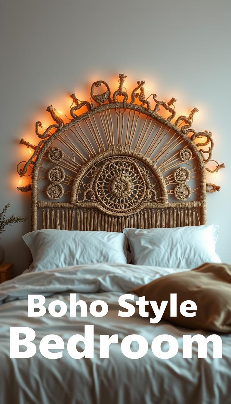 A unique, artfully-crafted headboard made of natural materials, such as rattan, woven macrame, or carved wood, set against a serene, minimalist bedroom backdrop. Soft, diffused lighting casts a warm, cozy glow, highlighting the intricate textures and organic shapes of the headboard. The composition emphasizes the headboard as the focal point, with a clean, uncluttered space around it to create a sense of tranquility and balance. The overall aesthetic is bohemian-inspired, with a touch of rustic elegance, perfectly complementing the "Boho Style Bedroom" theme.