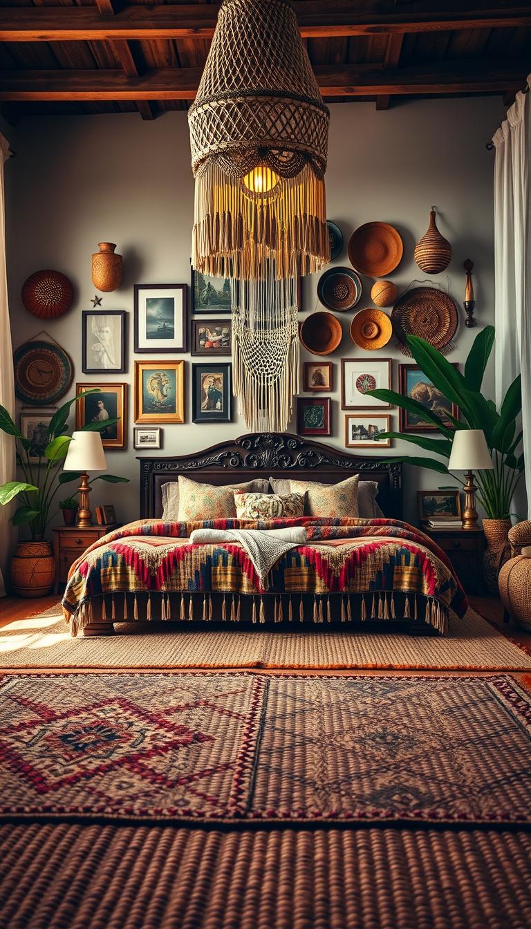 A vibrant global-inspired bedroom with a boho flair. In the foreground, a plush woven area rug in earthy tones sets the stage. Midground features a low platform bed adorned with a mix of patterned textiles, tasseled throw pillows, and a large, ornately carved headboard. Hanging overhead, an intricate macrame wall hanging casts warm, diffused lighting across the scene. The background showcases a eclectic gallery wall showcasing an array of framed art, woven baskets, and decorative trinkets from around the world. Lush potted plants and sheer, billowing curtains complete the relaxed, worldly ambiance.