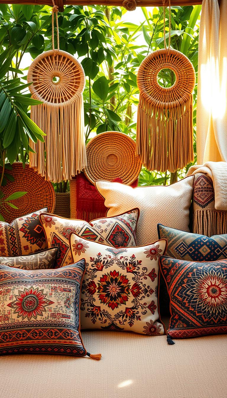 A visually compelling still life arrangement showcasing various boho-inspired patterns and textures. In the foreground, an assortment of decorative throw pillows featuring intricate tribal, floral, and geometric prints are neatly displayed against a soft, textured neutral background. In the middle ground, natural woven baskets, macrame wall hangings, and a plush, tasseled blanket add depth and dimension. The background is filled with lush, verdant foliage, casting a warm, natural glow over the scene. Warm, directional lighting highlights the rich colors and organic materials, creating an inviting, bohemian-chic atmosphere.