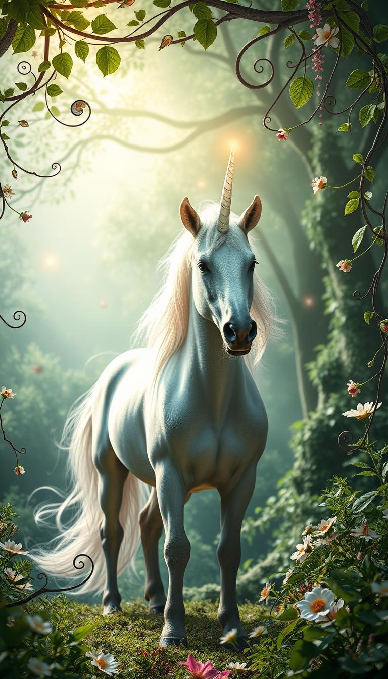A whimsical fantasy wall art design featuring a verdant forest backdrop with enchanted flora and fauna. In the foreground, a majestic unicorn stands proud, its horn glowing with an ethereal light. Swirling vines and delicate flowers frame the scene, creating a sense of magical realism. The lighting is soft and diffused, casting a warm, dreamlike glow over the entire composition. The image is captured with a wide-angle lens to showcase the depth and grandeur of the fantasy landscape. The overall mood is one of wonder, tranquility, and a touch of the supernatural, perfectly suited to inspire a dreamy, whimsical retreat.