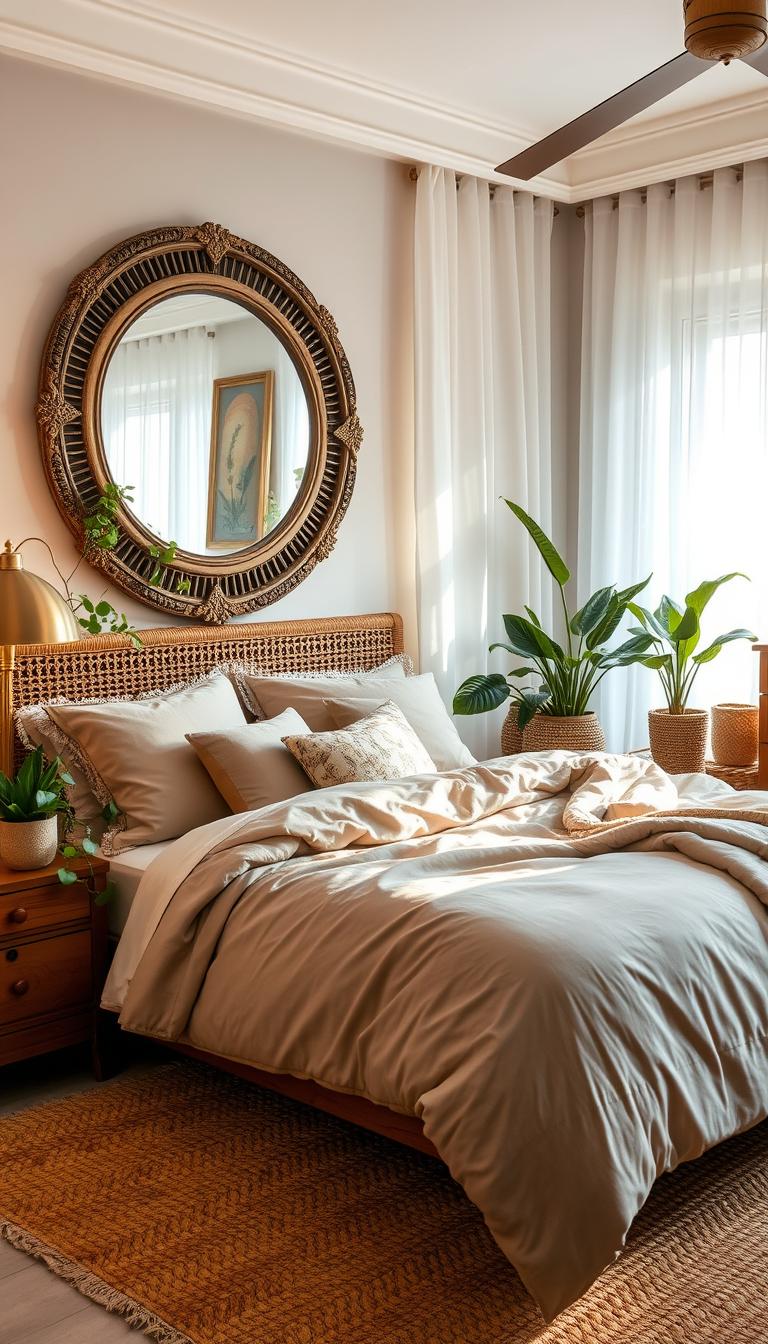 Cozy boho bedroom with plush, earth-toned bedding, a woven headboard, and an array of textured pillows. A large, ornate wall mirror reflects the natural light streaming through sheer curtains. Potted plants and rattan accents add to the relaxed, nature-inspired ambiance. Soft, diffused lighting from a brass floor lamp casts a warm glow, creating a serene, calming atmosphere. A woven area rug anchors the space, complementing the wooden nightstands and dresser. The overall scene exudes a harmonious, lived-in charm, showcasing a visually appealing and practical boho bedroom styling.