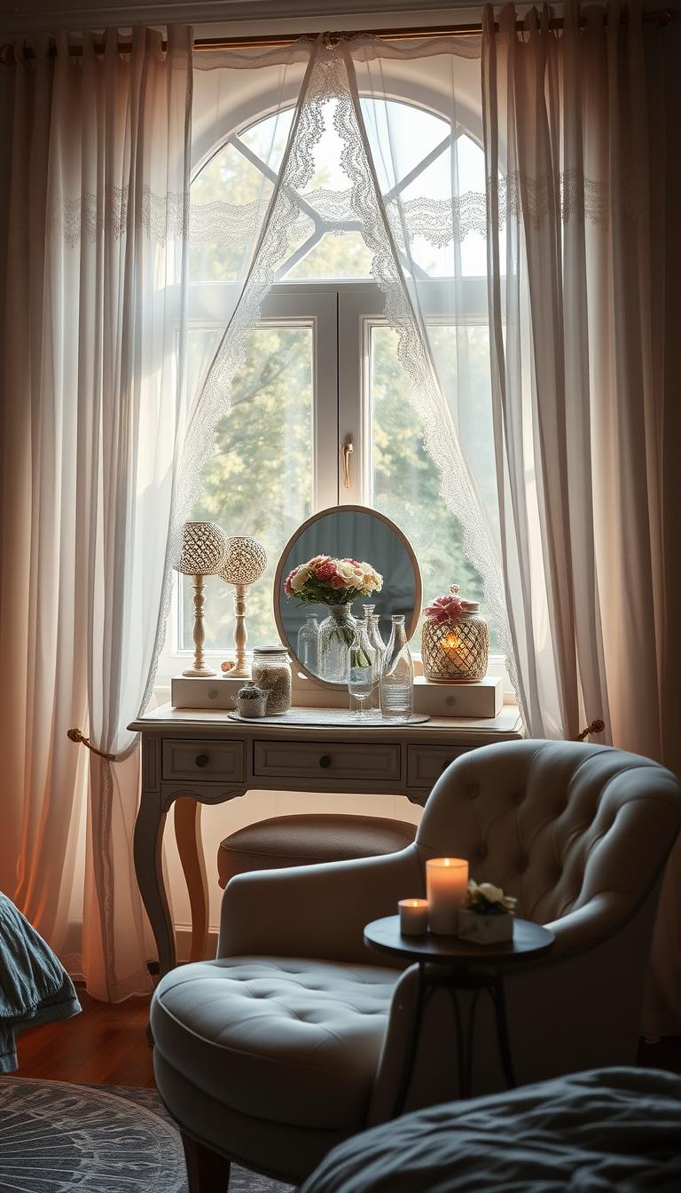 Cozy boudoir-inspired bedroom with elegant DIY decor. Soft, warm lighting illuminates a delicate vanity table adorned with vintage glass bottles, lace, and fresh flowers. Wispy, sheer curtains frame a large window, casting a romantic glow. In the foreground, a plush, tufted armchair sits beside a small side table displaying handcrafted trinkets and candles. The overall atmosphere evokes a sense of intimate, feminine charm. Photorealistic, high-definition image.