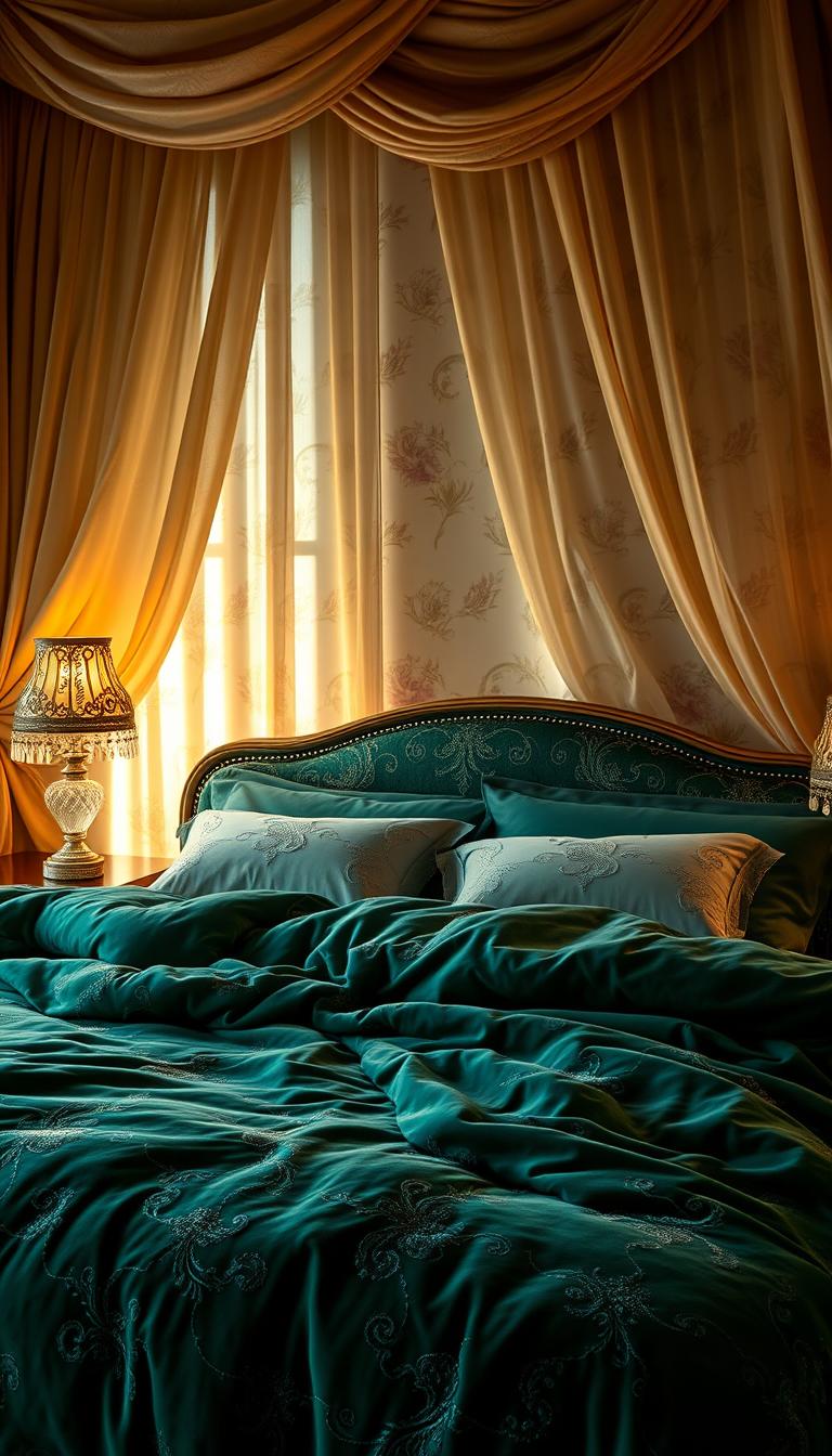 Intricate patterns and lush textures adorn a fantasy bedding set, creating a dreamy, sumptuous atmosphere. In the foreground, a plush, velvet comforter in deep emerald green cascades across the bed, its surface embroidered with delicate, swirling motifs. Flowing, sheer curtains in shimmering champagne-colored silk billow gently in the soft, warm lighting, casting a hazy, ethereal glow. On the nightstands, crystal lamps with intricate filigree casting elegant shadows. In the background, a wallpaper of delicate, otherworldly blooms in jewel-toned hues completes the enchanting, high-definition scene.