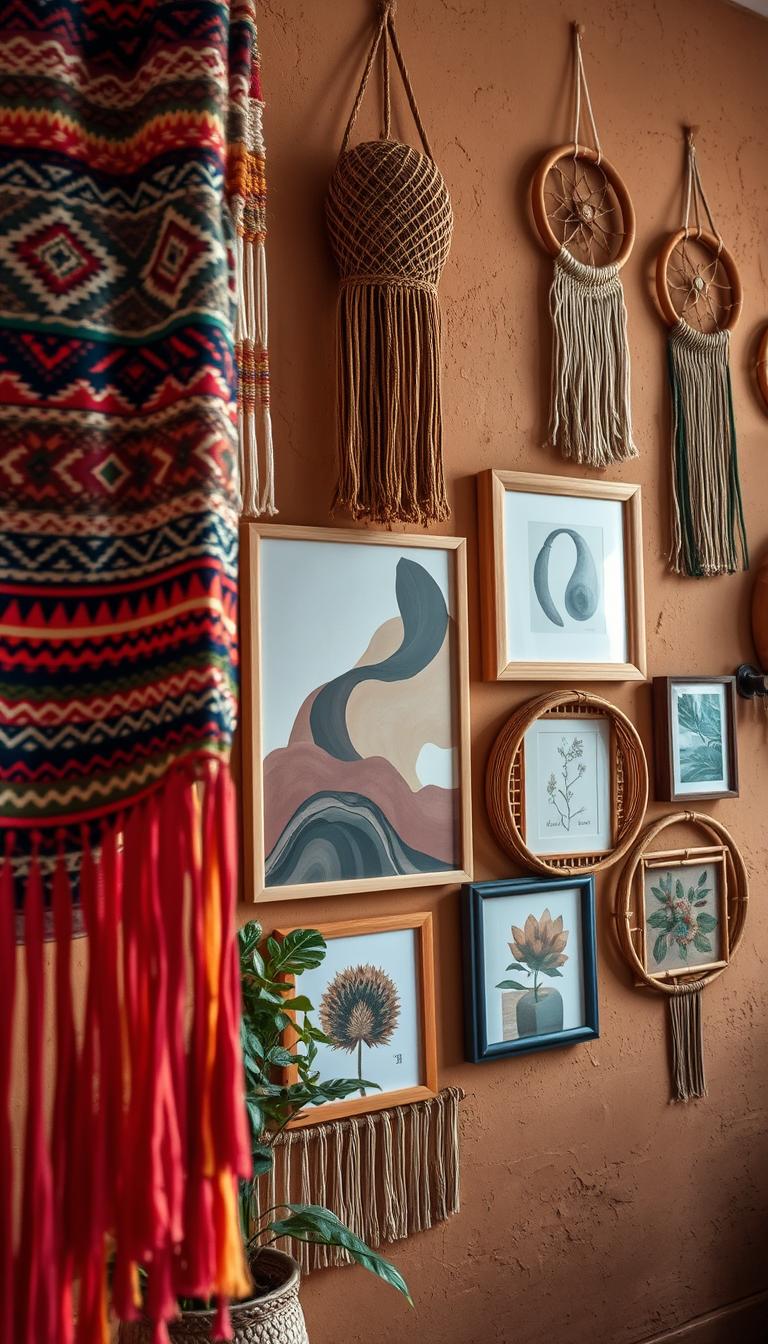 Vibrant boho wall decor with an eclectic mix of colorful woven tapestries, macrame hangings, and dreamcatchers. The foreground features a large, intricately patterned textile with tasseled edges, cascading down the wall. In the middle ground, an asymmetrical arrangement of various-sized rattan and wooden frames, showcasing abstract paintings and botanical prints. The background has a textured plaster wall in a warm, earthy tone, complementing the organic materials. Soft, diffused lighting casts a cozy, inviting glow, creating a serene, bohemian ambiance. Lens: 50mm. Angle: slightly elevated to capture the full vertical composition.