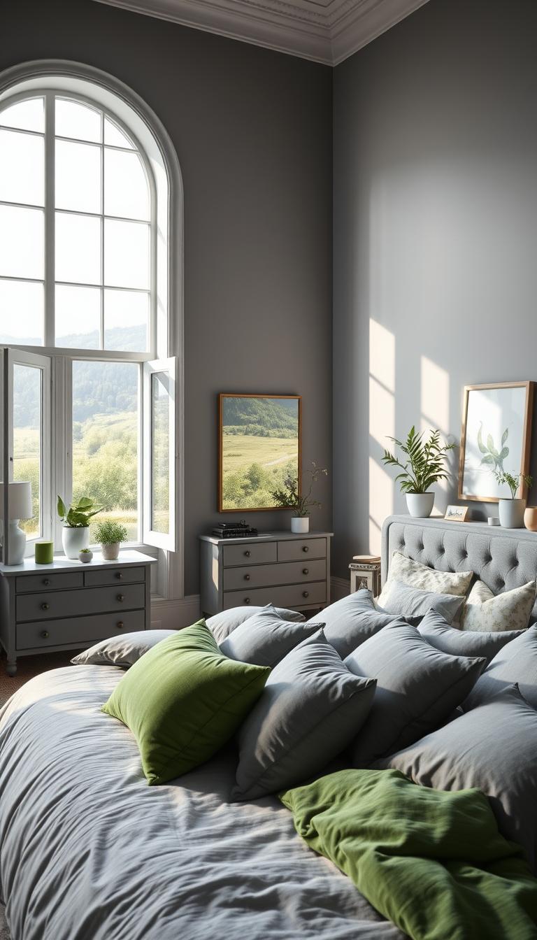 a photorealistic and highly detailed interior scene showcasing the benefits of a grey and green color palette in a bedroom setting. The foreground features a cozy, well-appointed bed with lush grey and green bedding, plush throw pillows, and a decorative tufted headboard. The middle ground includes a pair of large, open windows overlooking a serene, verdant landscape, allowing natural light to flood the space. The background incorporates elegant grey furniture, such as a dresser and nightstands, accented with potted plants and nature-inspired artwork. The lighting is soft and diffused, creating a tranquil, calming atmosphere. The overall scene conveys a sense of harmony, balance, and the restorative power of this elegant color combination.