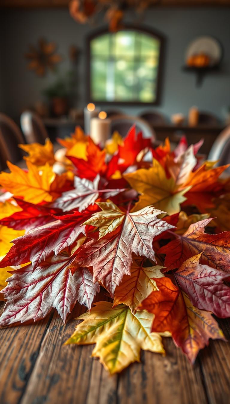 A beautiful arrangement of vibrant, multi-colored fall leaves in various shapes and sizes, including maple, oak, and birch, lies on a rustic wooden table. The foreground features a cluster of freshly fallen leaves, showcasing their intricate veins and rich textures. In the middle, a softly blurred vignette creates a warm, inviting atmosphere, highlighting gentle light filtering through the leaves, casting dappled shadows. The background features a cozy dining space with hints of autumn decor, such as small pumpkins and candles, enhancing the seasonal charm. This photorealistic image should employ natural, warm lighting to evoke a sense of comfort and celebration, conveying the essence of fall. The angle should be slightly above tabletop level, focusing on the close-up detail of the leaves while capturing the inviting surroundings. A beautiful arrangement of vibrant, multi-colored fall leaves in various shapes and sizes, including maple, oak, and birch, lies on a rustic wooden table. The foreground features a cluster of freshly fallen leaves, showcasing their intricate veins and rich textures. In the middle, a softly blurred vignette creates a warm, inviting atmosphere, highlighting gentle light filtering through the leaves, casting dappled shadows. The background features a cozy dining space with hints of autumn decor, such as small pumpkins and candles, enhancing the seasonal charm. This photorealistic image should employ natural, warm lighting to evoke a sense of comfort and celebration, conveying the essence of fall. The angle should be slightly above tabletop level, focusing on the close-up detail of the leaves while capturing the inviting surroundings.