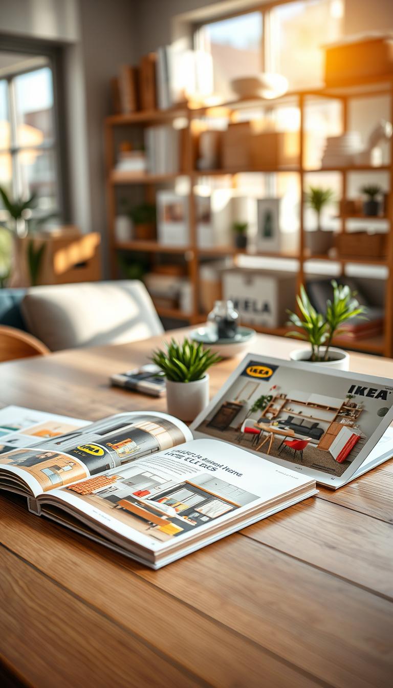 A beautifully arranged Ikea catalog spread open on a wooden table, featuring vibrant images of stylish, modern home interiors. In the foreground, there are pages showcasing living rooms, kitchens, and bedrooms adorned with minimalist Scandinavian furniture and vibrant decor. The middle ground features decorative elements like houseplants and chic home accessories that complement the catalog. Soft natural light streams in through large windows, casting gentle shadows and highlighting the textures of the pages. In the background, blurred shelves filled with Ikea products add depth to the composition, suggesting a world of home inspiration. The atmosphere is inviting and warm, encouraging viewers to explore the possibilities of home design.