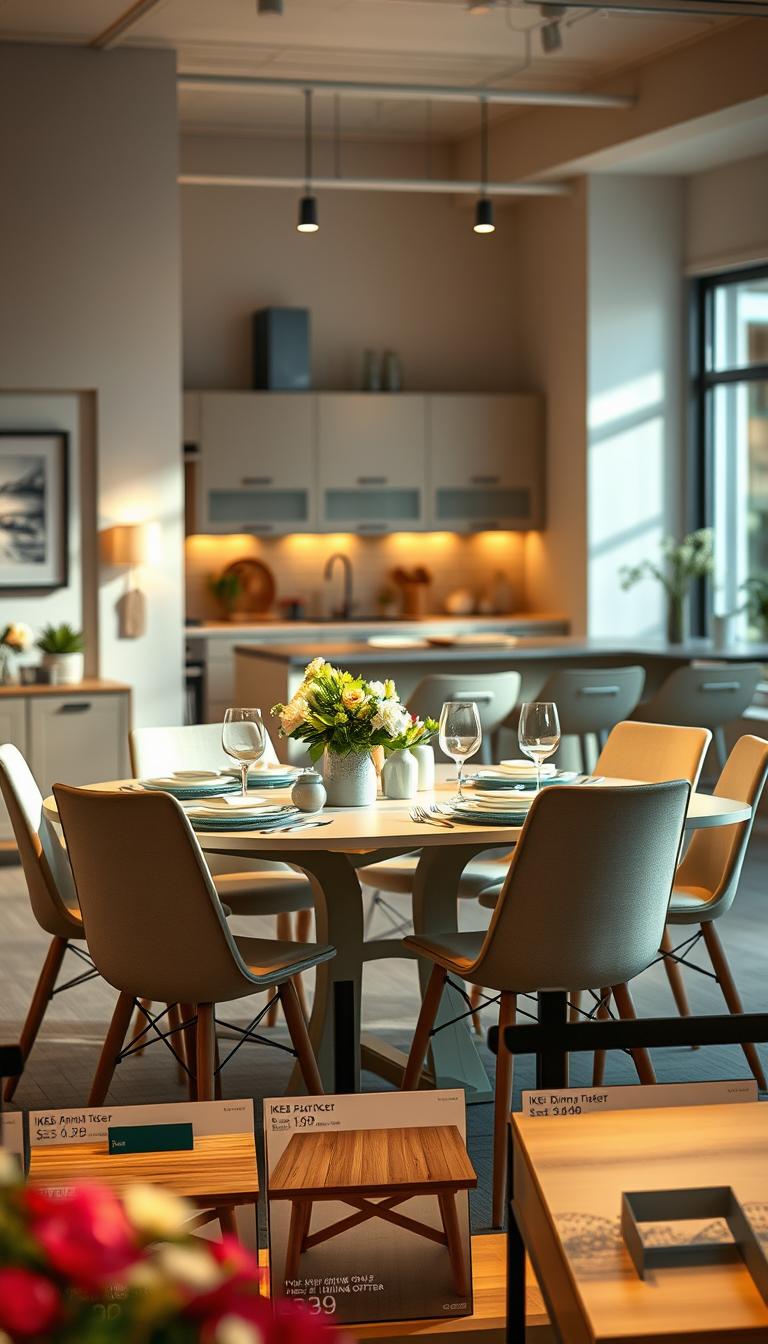 A beautifully arranged Ikea dining room featuring a modern dining table surrounded by stylish chairs. The table is set for a meal, showcasing elegant tableware and fresh flowers as a centerpiece. In the foreground, soft, warm lighting creates an inviting atmosphere. The mid-ground includes displays of various dining tables from the Ikea family offer, highlighting their affordability with appealing price tags. In the background, a cozy, well-decorated kitchen can be seen, with natural light streaming in through large windows, enhancing the warm ambiance. The scene conveys a sense of smart, budget-friendly dining solutions, showcasing the beauty and functionality of Ikea's offerings in a home setting. Capture the essence in photorealistic detail with a focus on vibrant colors and textures.