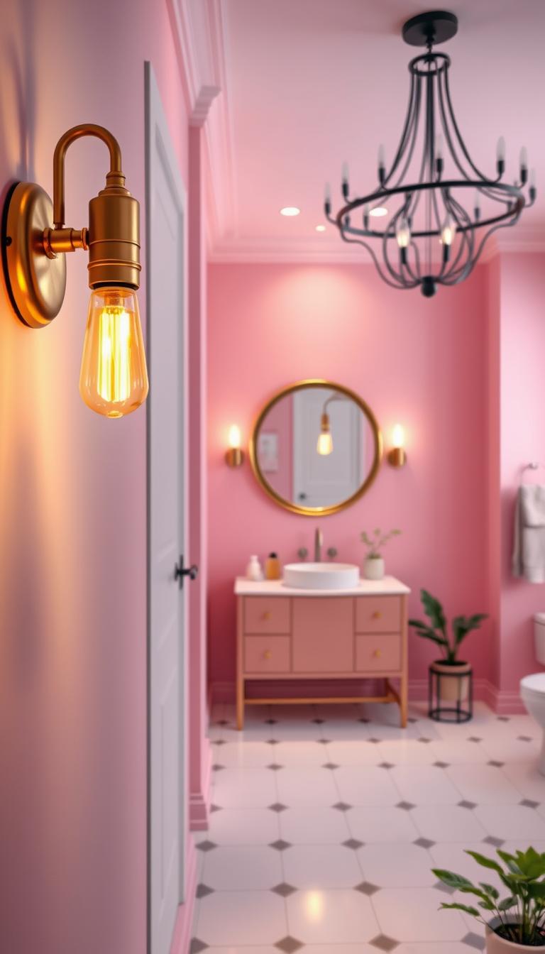 A beautifully arranged and inviting pink bathroom featuring elegant lighting fixtures. In the foreground, showcase a stylish wall-mounted brass light sconce with warm LED bulbs, casting a soft glow. The middle section displays a chic vanity adorned with a round mirror framed in gold, reflecting the ambient light. Include a statement chandelier with black accents hanging gracefully from the ceiling, enhancing the serene atmosphere. The background features pastel pink walls, elegantly tiled floors in white, and subtle hints of greenery from small potted plants, contributing to a tranquil, retreat-like vibe. The lighting should be soft and inviting, capturing a sense of calm and luxury in high definition. A beautifully arranged and inviting pink bathroom featuring elegant lighting fixtures. In the foreground, showcase a stylish wall-mounted brass light sconce with warm LED bulbs, casting a soft glow. The middle section displays a chic vanity adorned with a round mirror framed in gold, reflecting the ambient light. Include a statement chandelier with black accents hanging gracefully from the ceiling, enhancing the serene atmosphere. The background features pastel pink walls, elegantly tiled floors in white, and subtle hints of greenery from small potted plants, contributing to a tranquil, retreat-like vibe. The lighting should be soft and inviting, capturing a sense of calm and luxury in high definition.