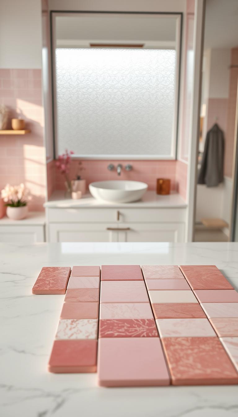 A beautifully arranged collection of pink bathroom tiles showcased on a smooth marble countertop. In the foreground, a selection of tiles in varying shades of pink, from soft pastels to rich, vibrant hues, are neatly displayed in a fashionable layout. The middle section features a stylish bathroom setup, including a modern sink and elegant fixtures that complement the tiles. The background includes a softly lit bathroom scene with a large mirror reflecting the ambiance. Natural light streams through a frosted window, creating a warm and inviting atmosphere. The image is captured with a high-definition lens, emphasizing texture and detail, evoking a sense of confidence and inspiration for home decor. The overall mood is chic and sophisticated, perfect for showcasing a curated tile collection.