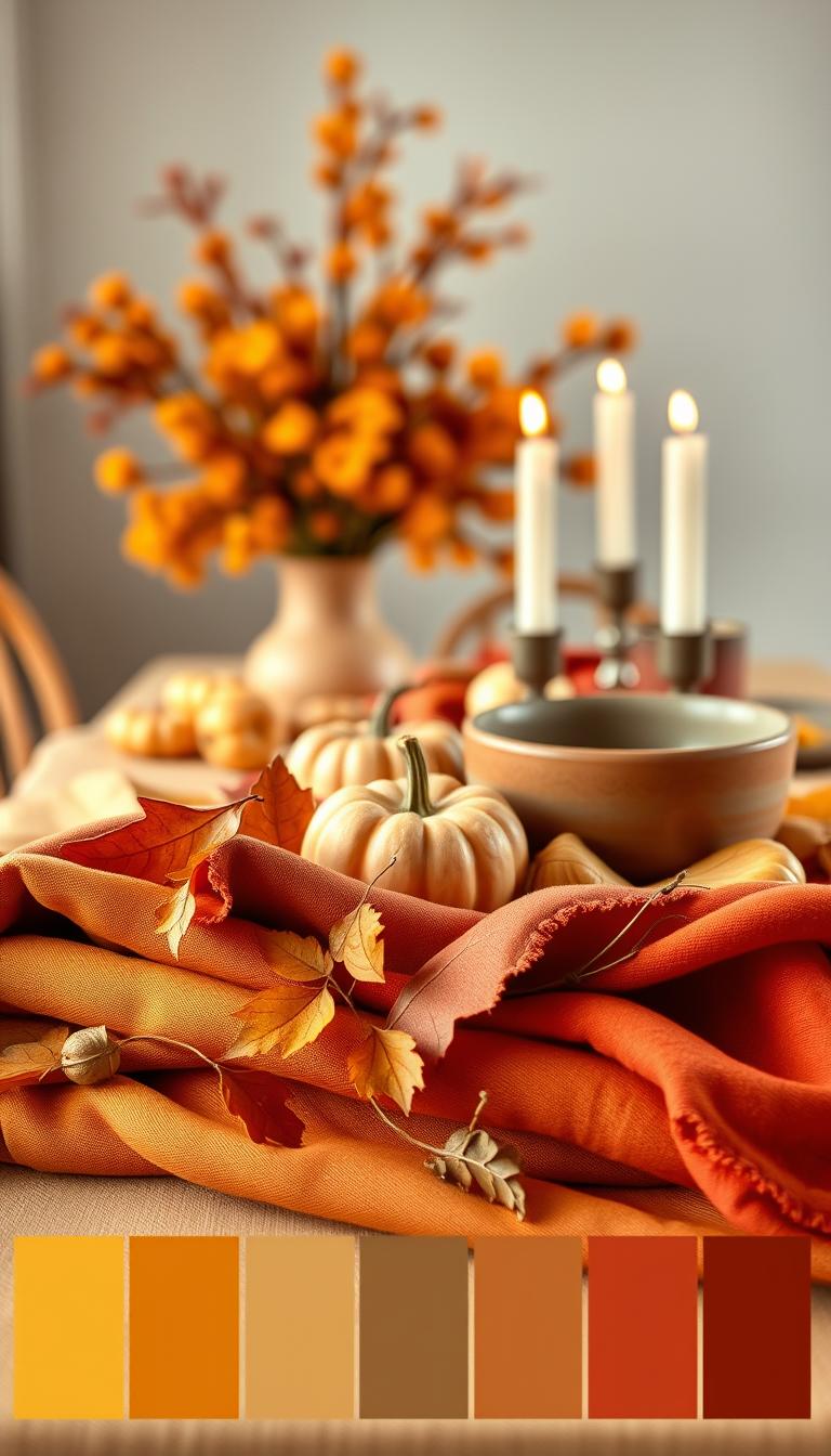 A beautifully arranged color palette featuring warm autumn hues, such as deep oranges, rustic reds, and golden yellows. In the foreground, display swatches of fabric textures, including soft cotton and luxurious velvet, interspersed with natural elements like dried leaves and small pumpkins. The middle layer should showcase coordinating ceramics, like bowls and vases, in complementary earthy tones. The background can feature a softly blurred dining table set for fall, with delicate candlelight casting a warm glow. Use soft, ambient lighting to create a cozy atmosphere, capturing the essence of a welcoming dining space. The image should be photorealistic, with high definition detailing to highlight the textures and colors, evoking a sense of warmth and togetherness. A beautifully arranged color palette featuring warm autumn hues, such as deep oranges, rustic reds, and golden yellows. In the foreground, display swatches of fabric textures, including soft cotton and luxurious velvet, interspersed with natural elements like dried leaves and small pumpkins. The middle layer should showcase coordinating ceramics, like bowls and vases, in complementary earthy tones. The background can feature a softly blurred dining table set for fall, with delicate candlelight casting a warm glow. Use soft, ambient lighting to create a cozy atmosphere, capturing the essence of a welcoming dining space. The image should be photorealistic, with high definition detailing to highlight the textures and colors, evoking a sense of warmth and togetherness.