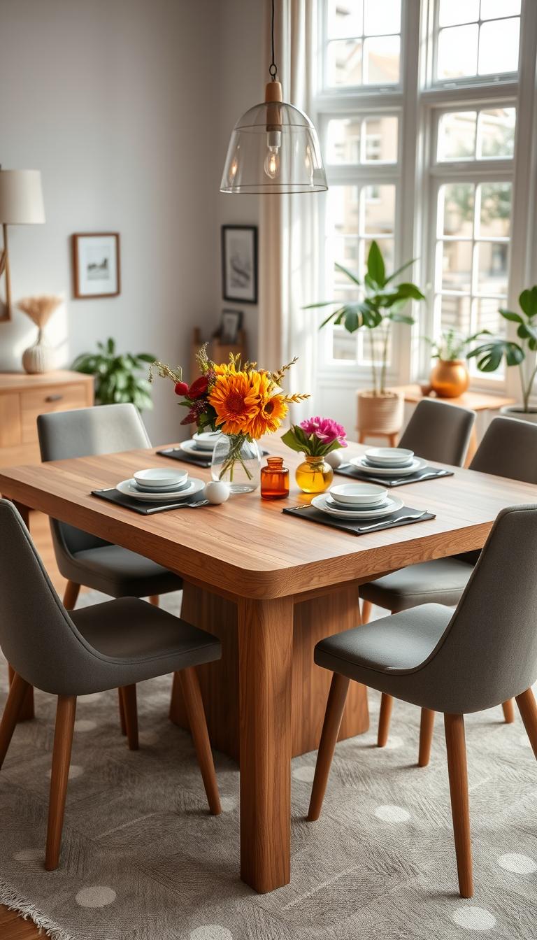 A beautifully arranged dining room featuring a modern Ikea dining table made from oak veneer, showcasing its rich grain and warm tones. The scene includes a set of elegant dining chairs around the table, all positioned on a soft area rug. In the foreground, vibrant, seasonal centerpieces with fresh flowers and tasteful dinnerware add charm. The middle ground is filled with natural light flowing in through large windows, illuminating the space with a cozy, inviting atmosphere. The background features tasteful decor, such as a subtle display of art pieces on the walls and plants enhancing the homely feel. Capture this scene with a soft focus on the table, highlighting its beautiful surface texture, using a wide-angle lens at eye level for a warm, welcoming ambiance.