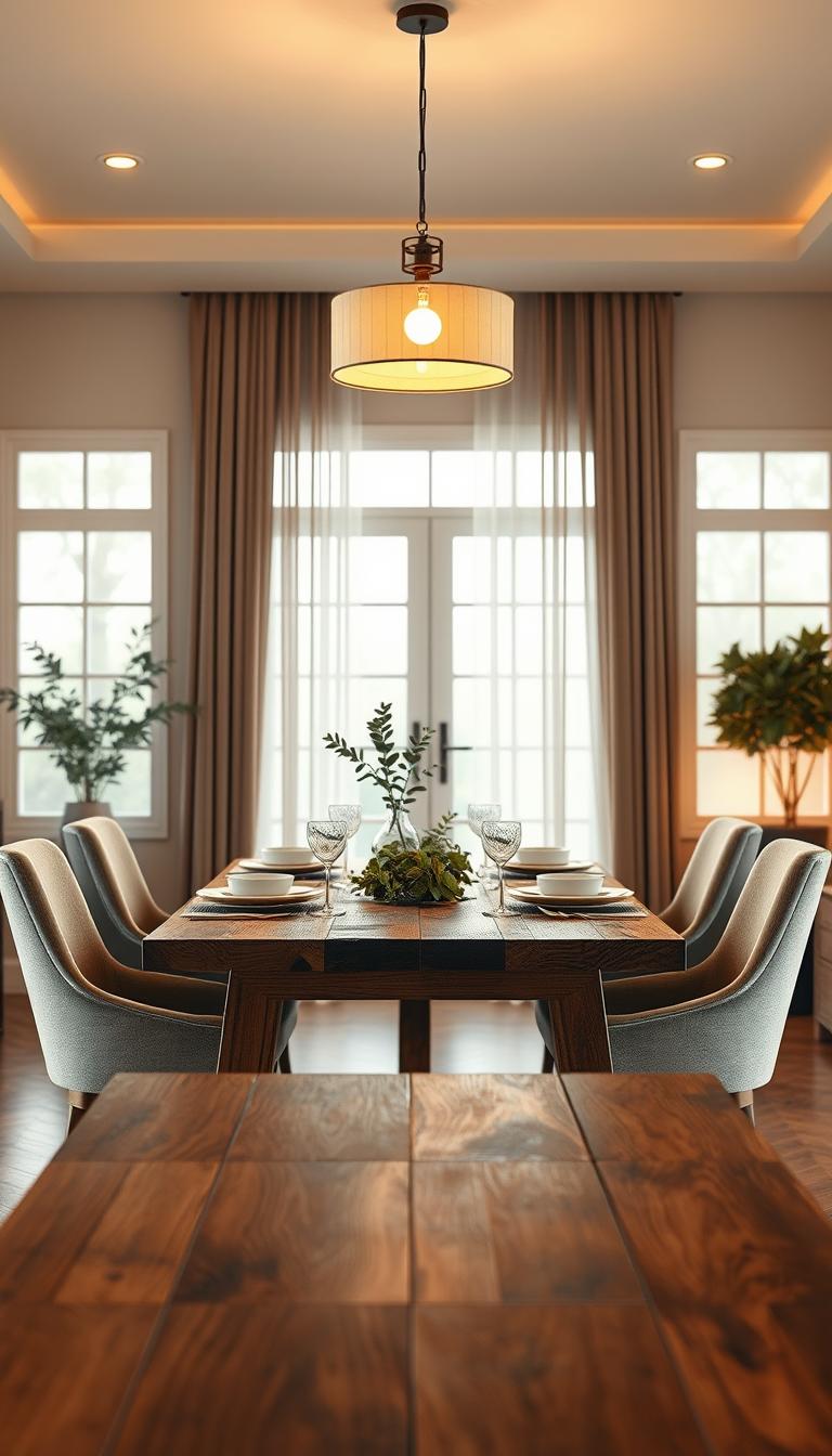 A beautifully arranged dining room showcasing a stylish wooden dining table paired with modern upholstered chairs. In the foreground, the table features a rustic finish and is set with elegant tableware, including a minimalist centerpiece of greenery. The middle ground highlights four chic chairs with neutral-toned fabric that complement the table's natural wood, positioned around it invitingly. In the background, soft, warm lighting emanates from a pendant fixture overhead, casting a cozy glow throughout the space. Large windows let in natural light, framed by sheer curtains, enhancing the airy atmosphere. The scene captures a harmonious blend of comfort and sophistication, evoking a sense of welcoming elegance perfect for family gatherings or intimate dinners. Photorealistic quality, high definition, taken from a slight angle to display depth and dimension.