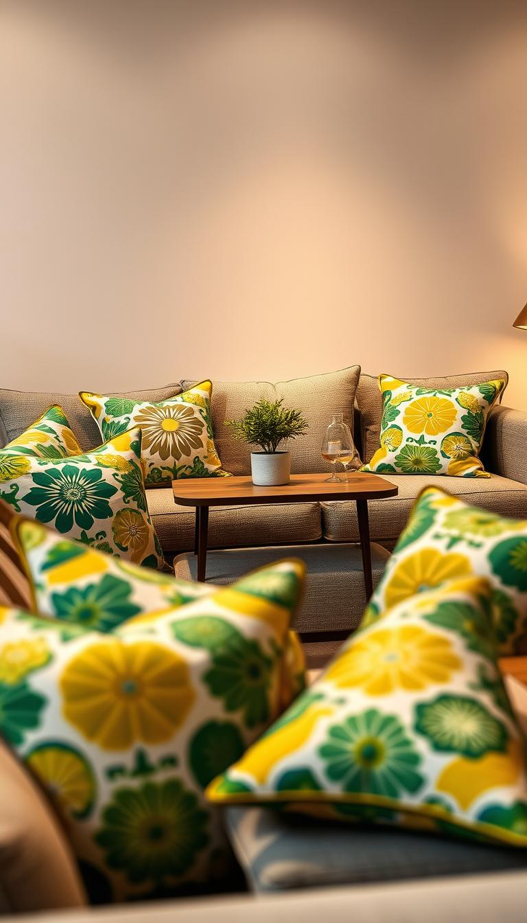 A beautifully arranged display of the Ikea Aftonsparv collection, showcasing the striking pattern of its cushions and textiles. In the foreground, a cozy sofa adorned with vibrant Aftonsparv cushions, featuring rich greens, yellows, and blues that create a lively yet harmonious atmosphere. The middle ground includes an elegant wooden coffee table with a small potted plant and a decorative vase, enhancing the inviting ambience. The background features a soft, neutral-toned wall with subtle lighting that casts a warm glow across the scene, highlighting the textures of the fabrics and furniture. Captured from a slightly elevated angle, this photorealistic image is designed to evoke feelings of comfort and style, perfect for illustrating the essence of the Aftonsparv collection in high definition. A beautifully arranged display of the Ikea Aftonsparv collection, showcasing the striking pattern of its cushions and textiles. In the foreground, a cozy sofa adorned with vibrant Aftonsparv cushions, featuring rich greens, yellows, and blues that create a lively yet harmonious atmosphere. The middle ground includes an elegant wooden coffee table with a small potted plant and a decorative vase, enhancing the inviting ambience. The background features a soft, neutral-toned wall with subtle lighting that casts a warm glow across the scene, highlighting the textures of the fabrics and furniture. Captured from a slightly elevated angle, this photorealistic image is designed to evoke feelings of comfort and style, perfect for illustrating the essence of the Aftonsparv collection in high definition.