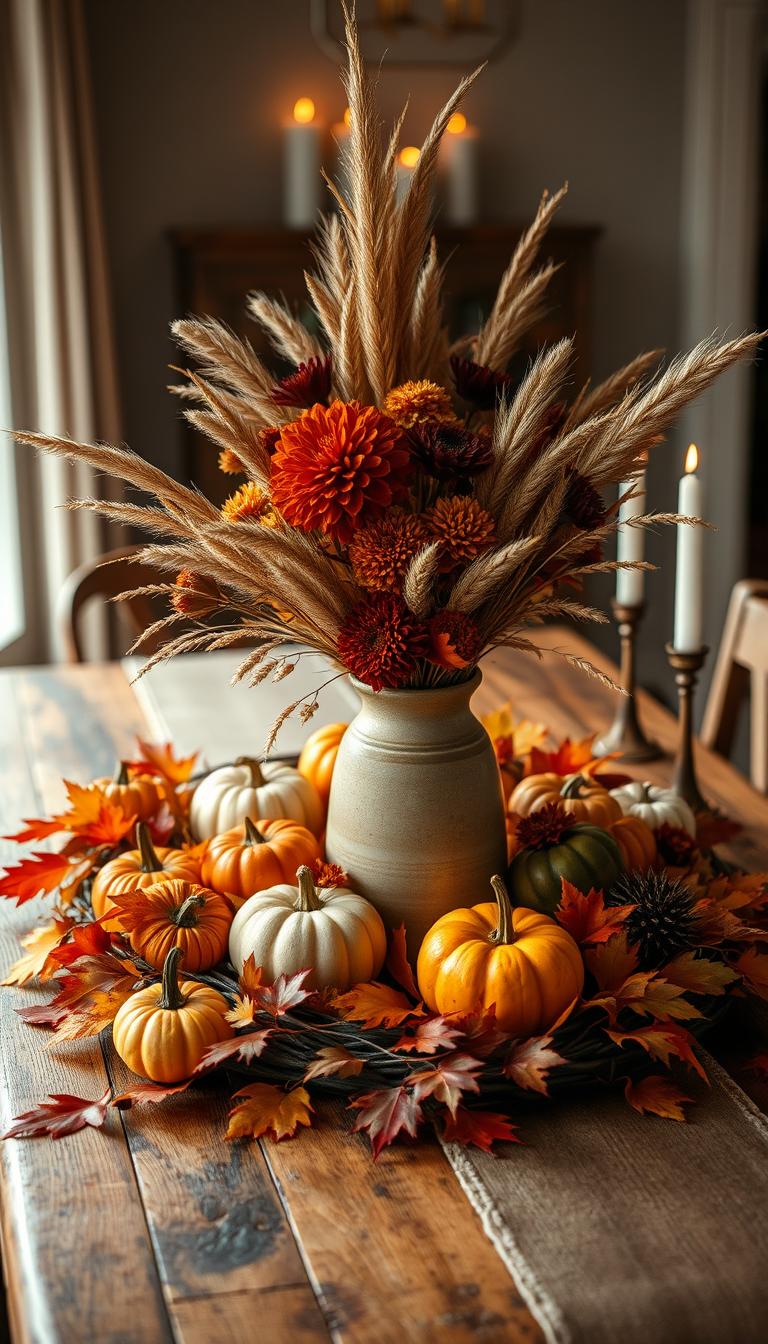 A beautifully arranged fall centerpiece on a rustic wooden dining table, featuring an array of must-have accessories. In the foreground, vibrant autumn leaves in shades of orange, red, and gold surround small decorative pumpkins and gourds, creating a warm, inviting feel. In the middle, a stunning ceramic vase holds a bouquet of dried flowers, including wheat, pampas grass, and deep-hued chrysanthemums, adding texture and elegance. In the background, softly lit candles flicker, casting a warm glow, while a minimalist table runner enhances the seasonal decor. The scene is captured in soft natural lighting, with a shallow depth of field to emphasize the centerpiece, creating a cozy and inviting atmosphere perfect for fall gatherings. A beautifully arranged fall centerpiece on a rustic wooden dining table, featuring an array of must-have accessories. In the foreground, vibrant autumn leaves in shades of orange, red, and gold surround small decorative pumpkins and gourds, creating a warm, inviting feel. In the middle, a stunning ceramic vase holds a bouquet of dried flowers, including wheat, pampas grass, and deep-hued chrysanthemums, adding texture and elegance. In the background, softly lit candles flicker, casting a warm glow, while a minimalist table runner enhances the seasonal decor. The scene is captured in soft natural lighting, with a shallow depth of field to emphasize the centerpiece, creating a cozy and inviting atmosphere perfect for fall gatherings.