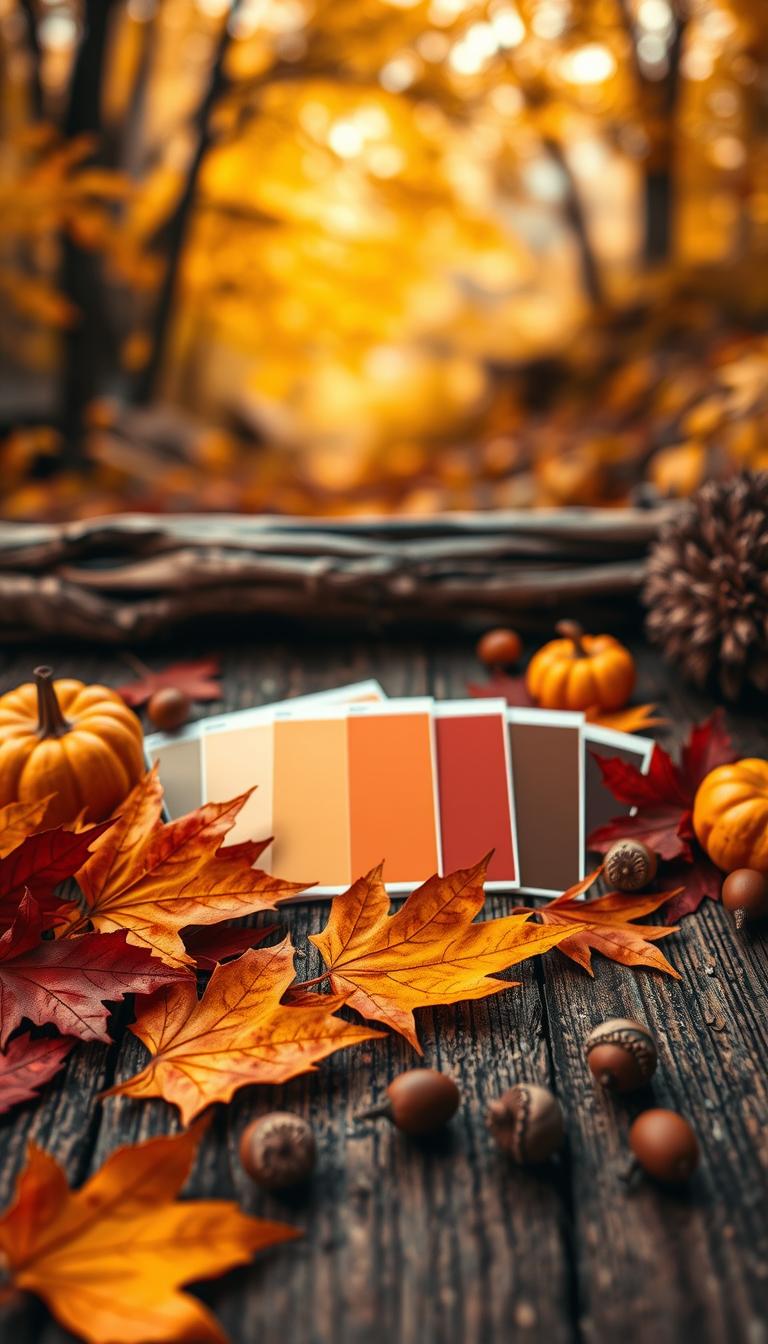 A beautifully arranged fall color palette featuring rich, warm tones of burnt orange, deep burgundy, golden yellow, and rustic brown. In the foreground, vibrant autumn leaves in these colors are scattered artistically across a rustic wooden surface, alongside small pumpkins and acorns, creating a cozy vibe. The middle section showcases color swatches or fabric samples displaying various combinations of these fall hues, harmoniously laid out. In the background, a softly lit autumn setting with blurred, ambient light filtering through golden foliage adds warmth and depth to the scene. The mood is inviting and serene, perfect for a cozy fall atmosphere, captured in photorealistic detail with soft, diffused lighting to enhance the richness of the colors.