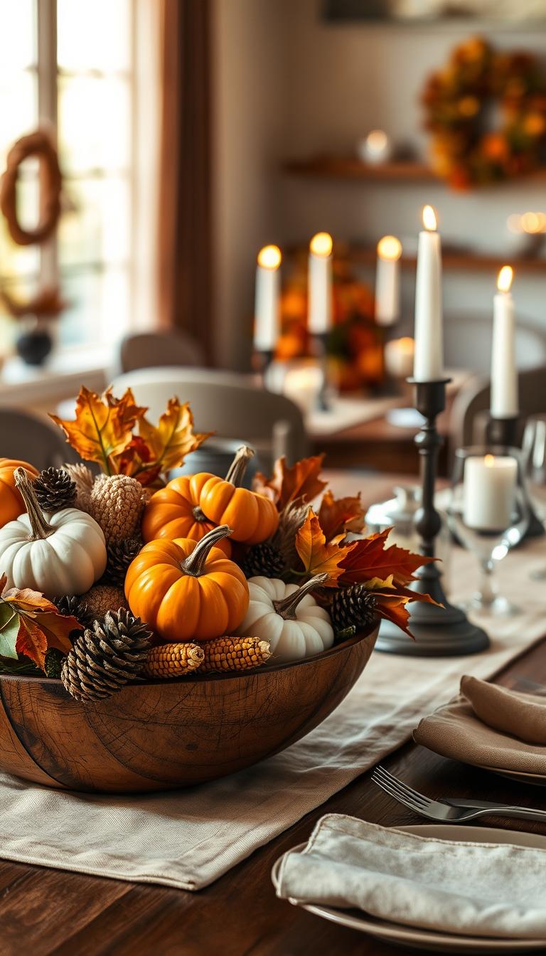A beautifully arranged fall dough bowl centerpiece, featuring a rustic wooden bowl filled with an assortment of seasonal items. In the foreground, the bowl is brimming with vibrant pumpkins in shades of orange and white, nestled among dried corn husks, colorful autumn leaves, and natural pinecones. The middle ground displays a softly lit dining table set with neutral-toned linen tableware, accompanied by a few taper candles flickering softly, creating a warm ambiance. In the background, a blurred view of an inviting, well-decorated dining room adorned with subtle autumn decorations completes the scene. The lighting is warm and golden, capturing the essence of fall, shot from a slightly elevated angle. The overall mood is cozy and inviting, perfect for festive gatherings. A beautifully arranged fall dough bowl centerpiece, featuring a rustic wooden bowl filled with an assortment of seasonal items. In the foreground, the bowl is brimming with vibrant pumpkins in shades of orange and white, nestled among dried corn husks, colorful autumn leaves, and natural pinecones. The middle ground displays a softly lit dining table set with neutral-toned linen tableware, accompanied by a few taper candles flickering softly, creating a warm ambiance. In the background, a blurred view of an inviting, well-decorated dining room adorned with subtle autumn decorations completes the scene. The lighting is warm and golden, capturing the essence of fall, shot from a slightly elevated angle. The overall mood is cozy and inviting, perfect for festive gatherings.