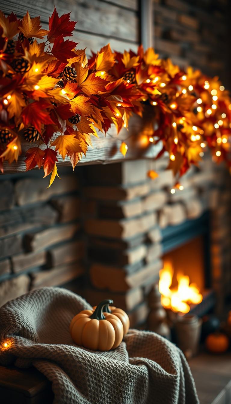 A beautifully arranged fall garland drapes elegantly across a rustic wooden mantel. The garland is lush with vibrant autumn leaves in shades of orange, yellow, and deep red, intertwined with small clusters of pinecones and delicate white fairy lights. In the foreground, a cozy, neutral-colored throw blanket and ceramic pumpkin accents are placed tastefully on the mantel. The middle section reveals a textured, warm-toned wall that enhances the ambiance of the scene. In the background, the soft glow of a fireplace flickers, casting inviting shadows throughout the space. The lighting is warm and inviting, reminiscent of a cozy autumn evening, with a shallow depth of field that blurs the edges and draws focus to the garland. The overall atmosphere is one of comfort and seasonal charm, perfect for a cozy fall gathering.