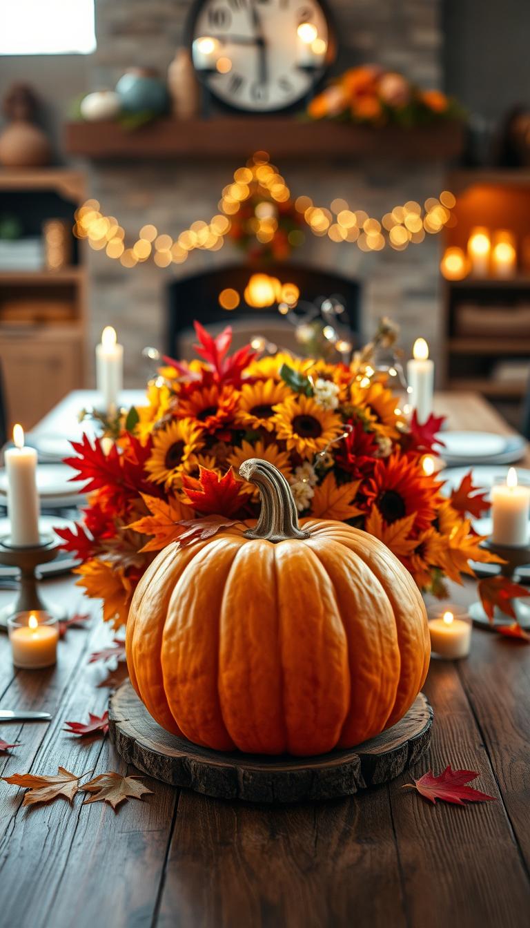 A beautifully arranged fall table centerpiece, featuring a rustic wooden table as the foreground, displaying a large, vibrant pumpkin in the center, surrounded by an array of colorful autumn leaves in shades of red, orange, and yellow. Add small white and orange candles on either side, casting a warm, inviting glow. The middle layer includes delicate floral arrangements with sunflowers and mums, gracefully intertwined with twinkling fairy lights. In the background, softly blurred images of cozy dining room elements, such as a warm fireplace, enhance the atmosphere. Capture the scene in soft, diffused lighting, with a shallow depth of field to create a bokeh effect, evoking a warm and inviting autumn mood that draws the eye to the centerpiece. A beautifully arranged fall table centerpiece, featuring a rustic wooden table as the foreground, displaying a large, vibrant pumpkin in the center, surrounded by an array of colorful autumn leaves in shades of red, orange, and yellow. Add small white and orange candles on either side, casting a warm, inviting glow. The middle layer includes delicate floral arrangements with sunflowers and mums, gracefully intertwined with twinkling fairy lights. In the background, softly blurred images of cozy dining room elements, such as a warm fireplace, enhance the atmosphere. Capture the scene in soft, diffused lighting, with a shallow depth of field to create a bokeh effect, evoking a warm and inviting autumn mood that draws the eye to the centerpiece.