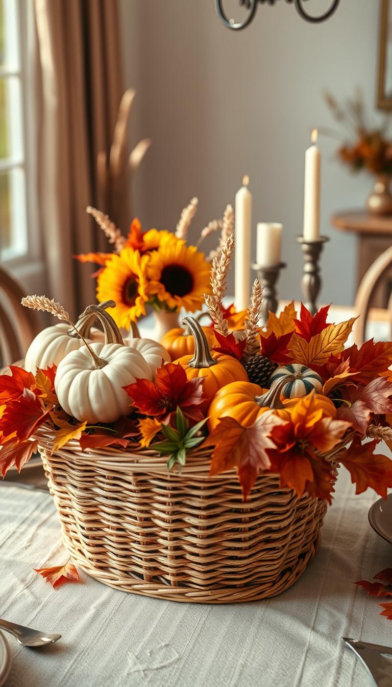 A beautifully arranged fall table centerpiece featuring a wicker basket as the focal point. In the foreground, the basket is brimming with vibrant autumnal elements: plump pumpkins in shades of orange and white, deep red and golden leaves, and a few sprigs of dried wheat. The middle ground showcases decorative items that adhere to the "Rule of Three," including a small vase with sunflowers and a rustic candlestick. Soft, warm lighting streams in from a nearby window, casting gentle shadows and enhancing the colors. The background consists of a tastefully set dining table, decorated with a neutral tablecloth and subtle autumn accents, creating a cozy and inviting atmosphere perfect for fall gatherings. The image is photorealistic and presented in high definition, capturing the rich textures and hues of the season. A beautifully arranged fall table centerpiece featuring a wicker basket as the focal point. In the foreground, the basket is brimming with vibrant autumnal elements: plump pumpkins in shades of orange and white, deep red and golden leaves, and a few sprigs of dried wheat. The middle ground showcases decorative items that adhere to the "Rule of Three," including a small vase with sunflowers and a rustic candlestick. Soft, warm lighting streams in from a nearby window, casting gentle shadows and enhancing the colors. The background consists of a tastefully set dining table, decorated with a neutral tablecloth and subtle autumn accents, creating a cozy and inviting atmosphere perfect for fall gatherings. The image is photorealistic and presented in high definition, capturing the rich textures and hues of the season.