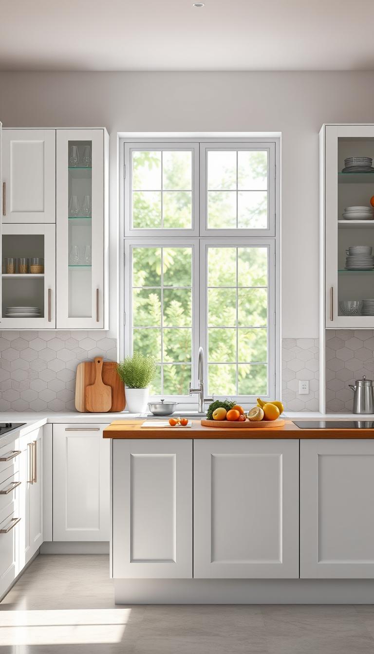 A beautifully arranged kitchen showcasing a set of modern Ikea kitchen cabinets. In the foreground, elegant white cabinets with sleek handles are complemented by a stylish backsplash featuring geometric tiles. The middle ground features a contemporary kitchen island with a wooden countertop, accented by fresh ingredients for an inviting atmosphere. Soft, natural lighting floods the space through a large window in the background, highlighting the airy and open design. The cabinets are filled with organized kitchenware and decorative plants for a homely touch. The overall mood is bright, minimalist, and functional, ideal for a dream kitchen setup. The image should be photorealistic with high definition, capturing every detail of this stylish and affordable kitchen solution.
