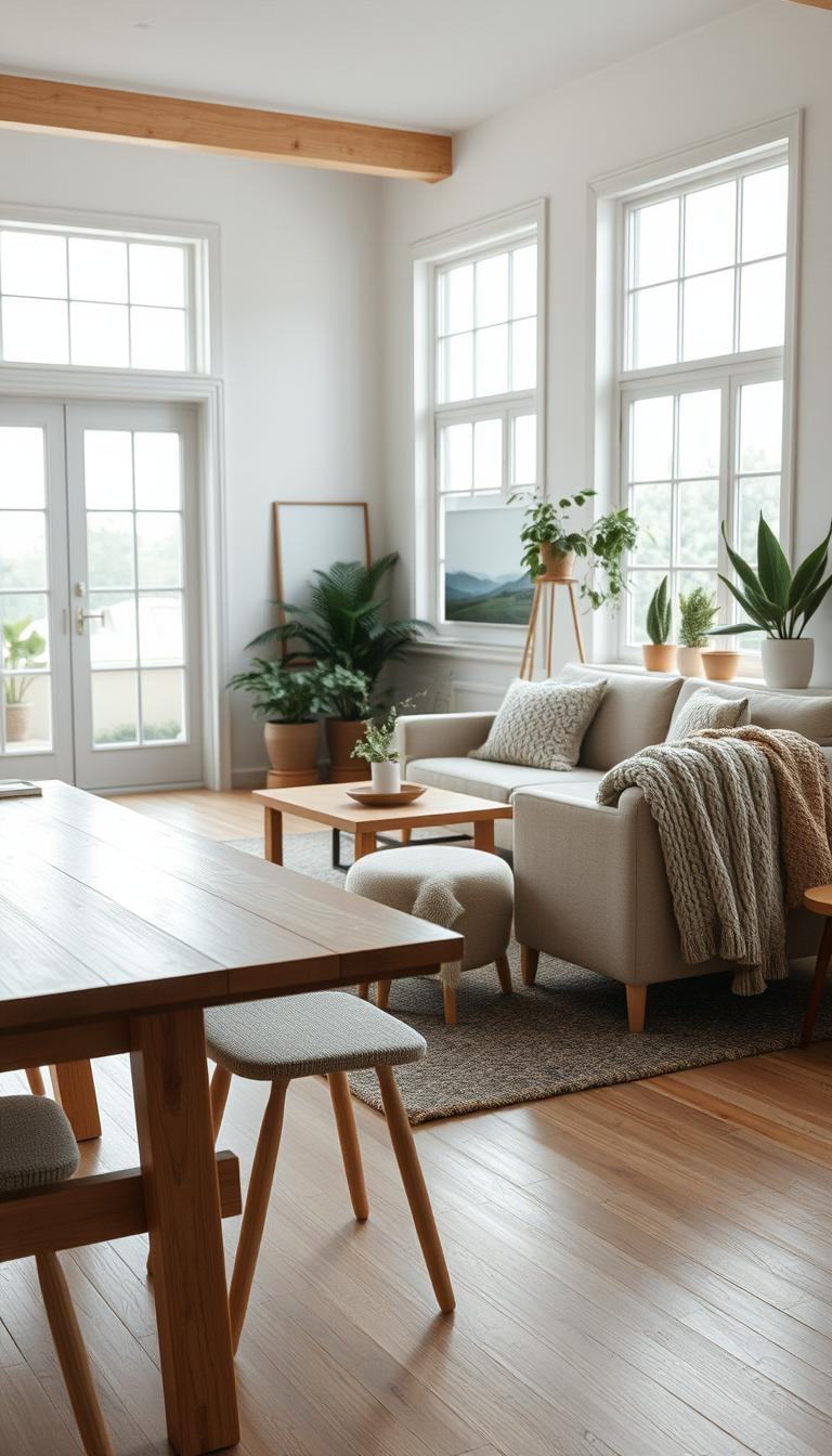 A beautifully arranged living space showcasing Nordic design elements, featuring a spacious room with a Scandinavian-style wooden dining table at the forefront, adorned with minimalist decor and natural textures. In the middle, the walls exhibit soft pastel colors and light wood accents, creating a warm and inviting atmosphere. A cozy, overstuffed sofa sits off to the side, draped with a chunky knit throw, while large windows allow natural light to pour in, illuminating the space. In the background, subtle landscape artwork and potted plants enhance the serene environment. The lighting is soft and diffused, evoking a calm and cozy feel, captured from a slightly elevated angle to emphasize the room's openness and harmonious design. A beautifully arranged living space showcasing Nordic design elements, featuring a spacious room with a Scandinavian-style wooden dining table at the forefront, adorned with minimalist decor and natural textures. In the middle, the walls exhibit soft pastel colors and light wood accents, creating a warm and inviting atmosphere. A cozy, overstuffed sofa sits off to the side, draped with a chunky knit throw, while large windows allow natural light to pour in, illuminating the space. In the background, subtle landscape artwork and potted plants enhance the serene environment. The lighting is soft and diffused, evoking a calm and cozy feel, captured from a slightly elevated angle to emphasize the room's openness and harmonious design.