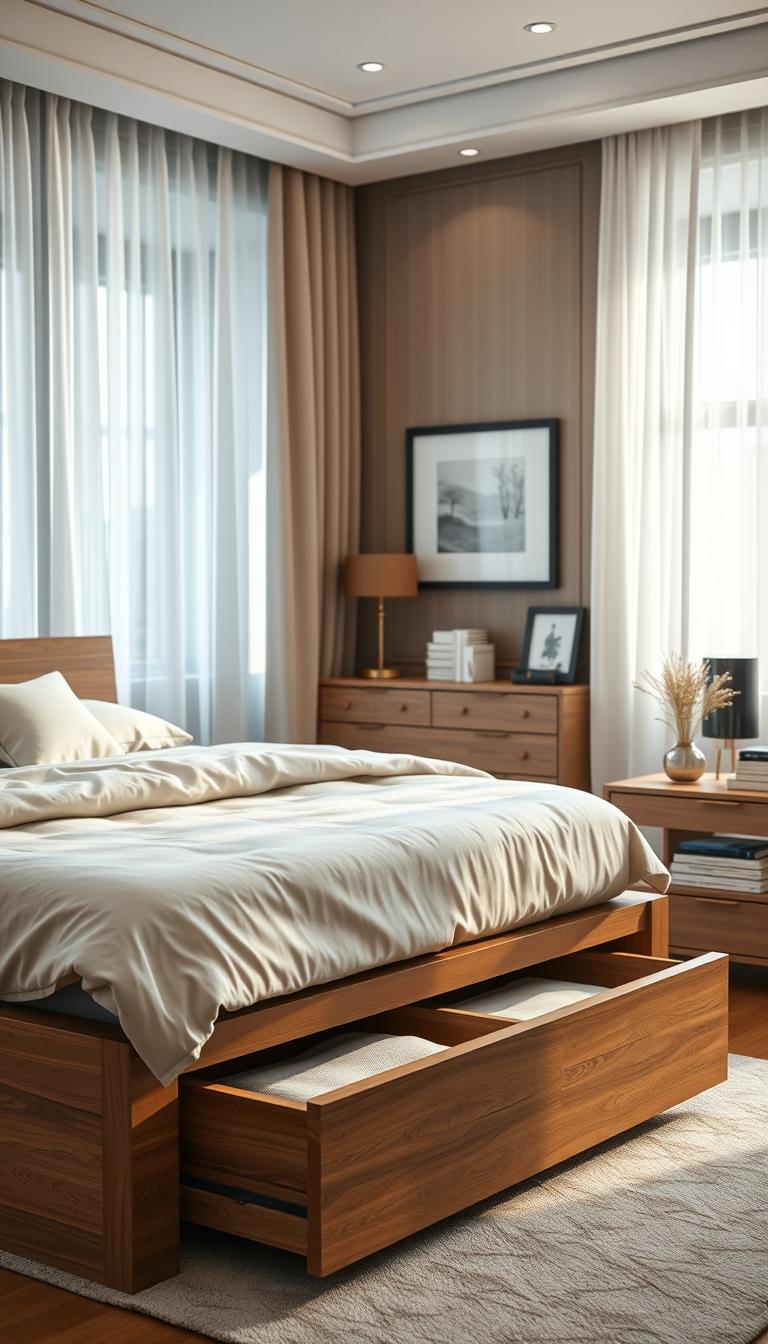 A beautifully arranged photorealistic bedroom scene showcasing a queen-sized bed frame with built-in storage drawers. In the foreground, the bed is adorned with soft, neutral-toned bedding and decorative pillows, emphasizing comfort and style. The middle ground features the bed's wooden frame, highlighting its sleek design and storage compartments seamlessly integrated into the base. In the background, a well-organized, stylish bedroom layout includes a nightstand with elegant decor and a small bookshelf filled with neatly stacked books, enhancing the room's atmosphere. The lighting is soft and warm, creating a cozy ambiance, with sunlight filtering through sheer curtains, illuminating the textures of the furniture and bedding. Shot from a slightly elevated angle, offering a complete view of the bed's storage solutions and emphasizing the room's inviting decor.