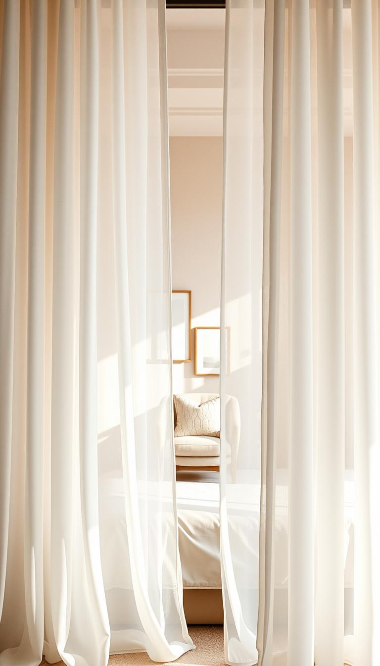 A beautifully arranged soft drapery screen, elegantly framing a serene bedroom space. In the foreground, the delicate folds of sheer, light fabric cascade gracefully, inviting soft natural light to filter through. The middle section features a cozy reading nook with plush cushions and a stylish chair, subtly connected by the airy drapery. The background reveals muted pastel walls adorned with minimalist decor, enhancing the calming atmosphere. The lighting is warm and inviting, creating subtle shadows that evoke a sense of tranquility. Capture this scene from a slightly elevated angle to emphasize the gentle flow of the curtains while showcasing the harmonious blend of comfort and design in the room. The overall mood should be peaceful and inviting, perfect for a relaxed sanctuary.