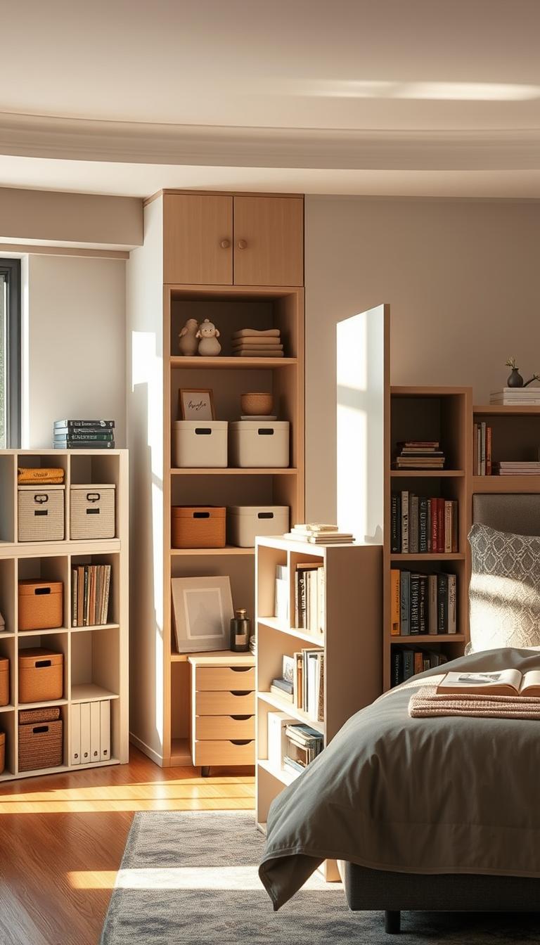 A beautifully arranged storage room featuring innovative room dividers that double as storage solutions. In the foreground, a stylish modern bookcase divides the space, filled with colorful books and decorative items. To the left, a sleek cubby unit holds neatly organized containers, showcasing a variety of textures and colors. In the background, a well-designed headboard integrates shelves, adding function and elegance to the sleeping area. Soft, natural light filters in from a nearby window, casting gentle shadows and creating a calming atmosphere. The scene captures a serene yet functional bedroom space, highlighting the practicality and aesthetic appeal of storage-savvy dividers. The angle is slightly elevated, providing a comprehensive view of the layout, with a warm, inviting color palette that enhances the cozy ambiance. Photorealistic with crisp details and high definition.