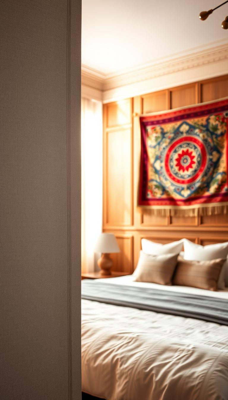 A beautifully decorated bedroom showcasing different wall treatments, including elegant wallpaper, vibrant tapestries, and classic painted paneling. In the foreground, a close-up of a textured wallpaper featuring delicate floral designs in soft pastels. The middle ground displays a vibrant tapestry hanging above a cozy bed with stylish linens, and painted wood paneling providing a rich contrast. In the background, warm natural light filters through sheer curtains, creating a calm and inviting atmosphere. The camera angle is slightly elevated, capturing the interplay of colors and textures. The scene emanates a serene, rejuvenating vibe perfect for a sanctuary. Emphasize photorealism with intricate details and high definition.